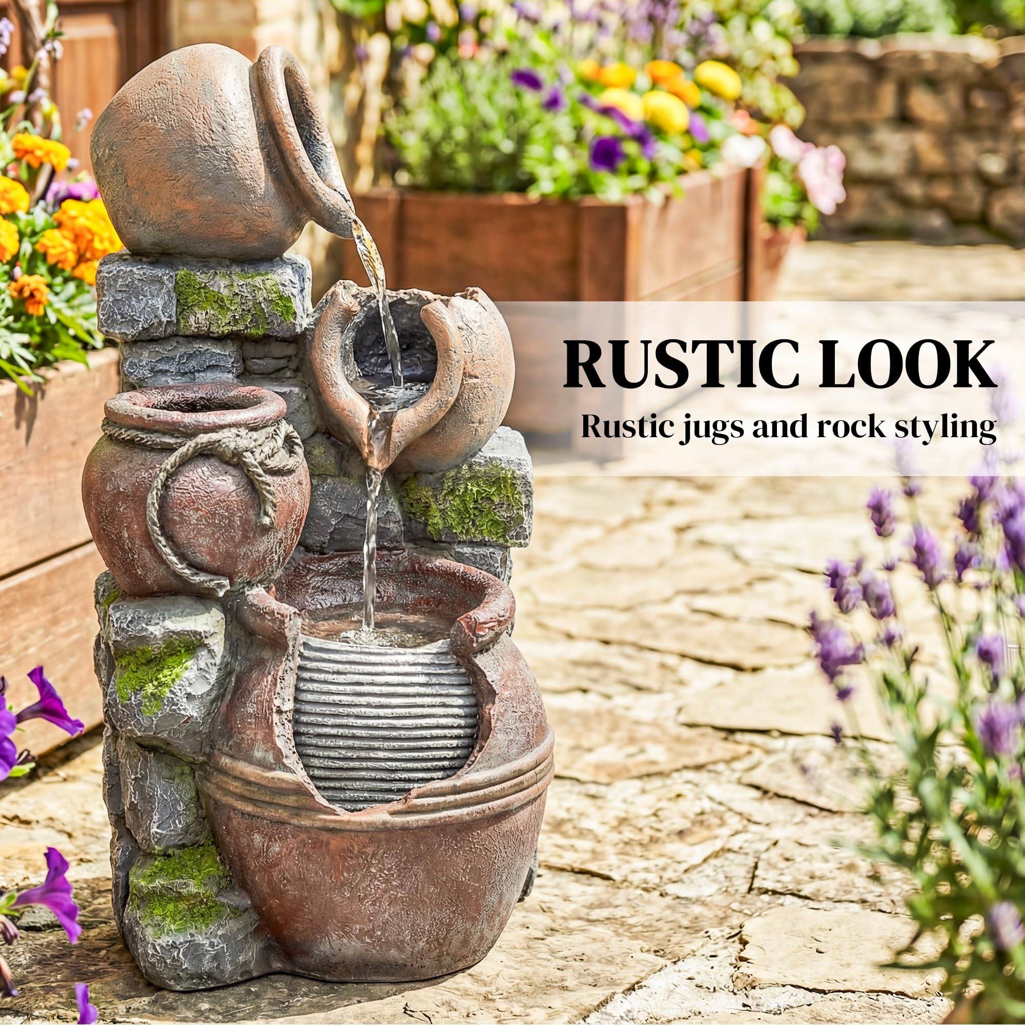 Outsunny Outdoor Fountain with 4-Tier Rustic Pot Design, Cascading Rock Waterfall with LED Lights and Adjustable Flow, Freestanding Resin Waterfall Feature for Patio Garden - 4
