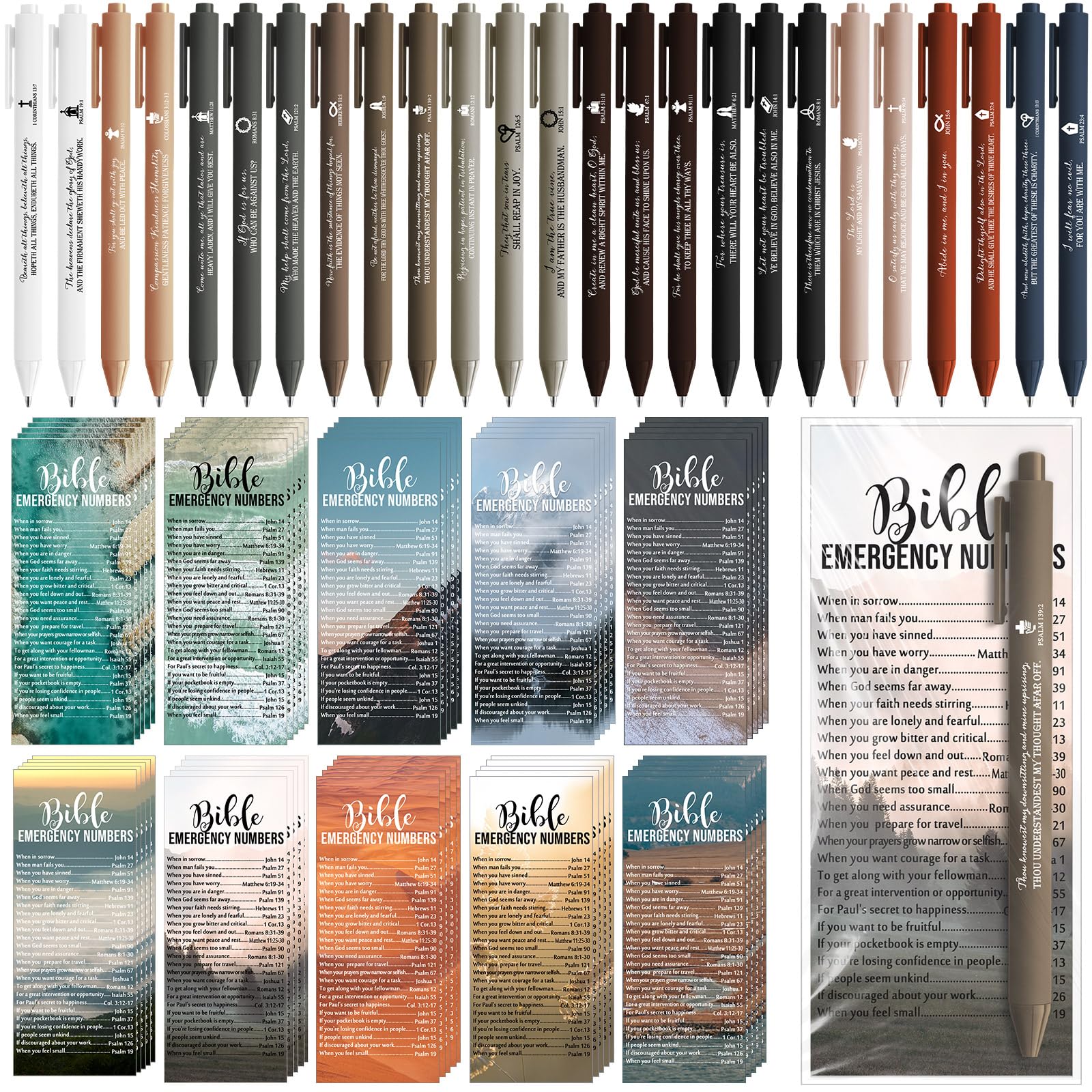 Feifeiya 50 Sets Christian Gifts Bulk Religious Pens Bible Verse Emergency Numbers Bookmark Scripture Catholic Gift for Women Men Church Welcome Sunday School(Neutral Color,English)