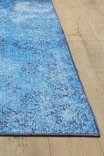 Miniatura 9 de Woolknot ENC1092 - Alfombra vintage azul para sala de estar, alfombra floral, turquesa, pequeña, lavable, bohemio, alfombra estampada envejecida con