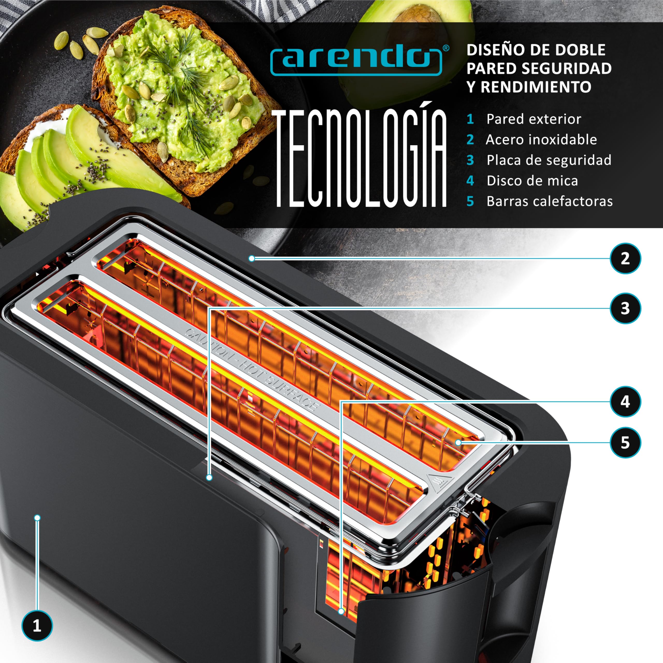 Arendo Tostadora de 2 Ranuras Largas para 4 Rebanadas, 1500 W, pantalla táctil, doble carcasa, soporte para bollería, 7 niveles de tostado, centrado y pantalla de tiempo restante, función memoria