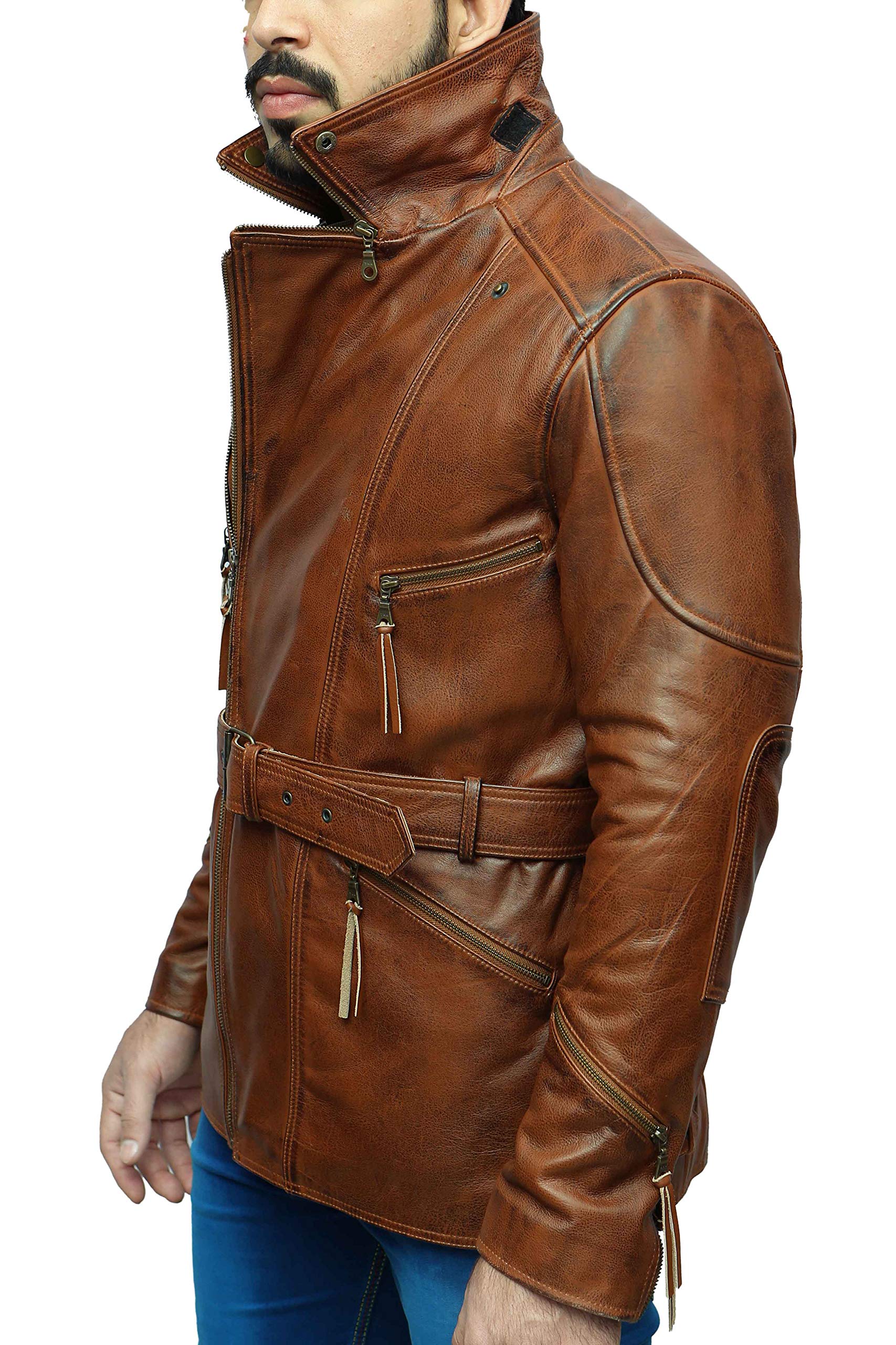 Chaqueta larga de cuero marrón con cremallera cruzada para hombre, estilo 3/4, estilo motero