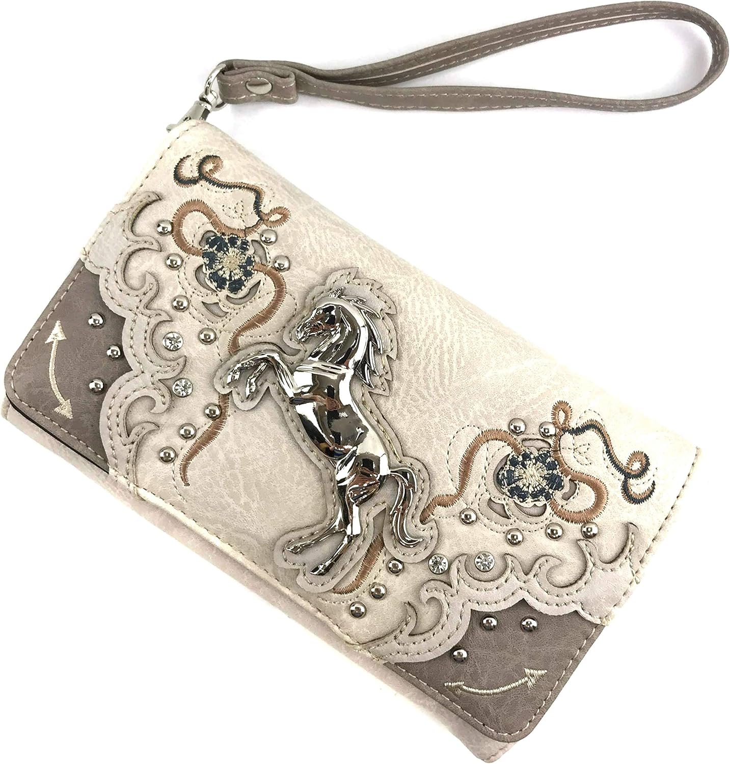 Zelris Floral Poppy Horse Western Women Crossbody Wrist Trifold Wallet (Beige Silver)