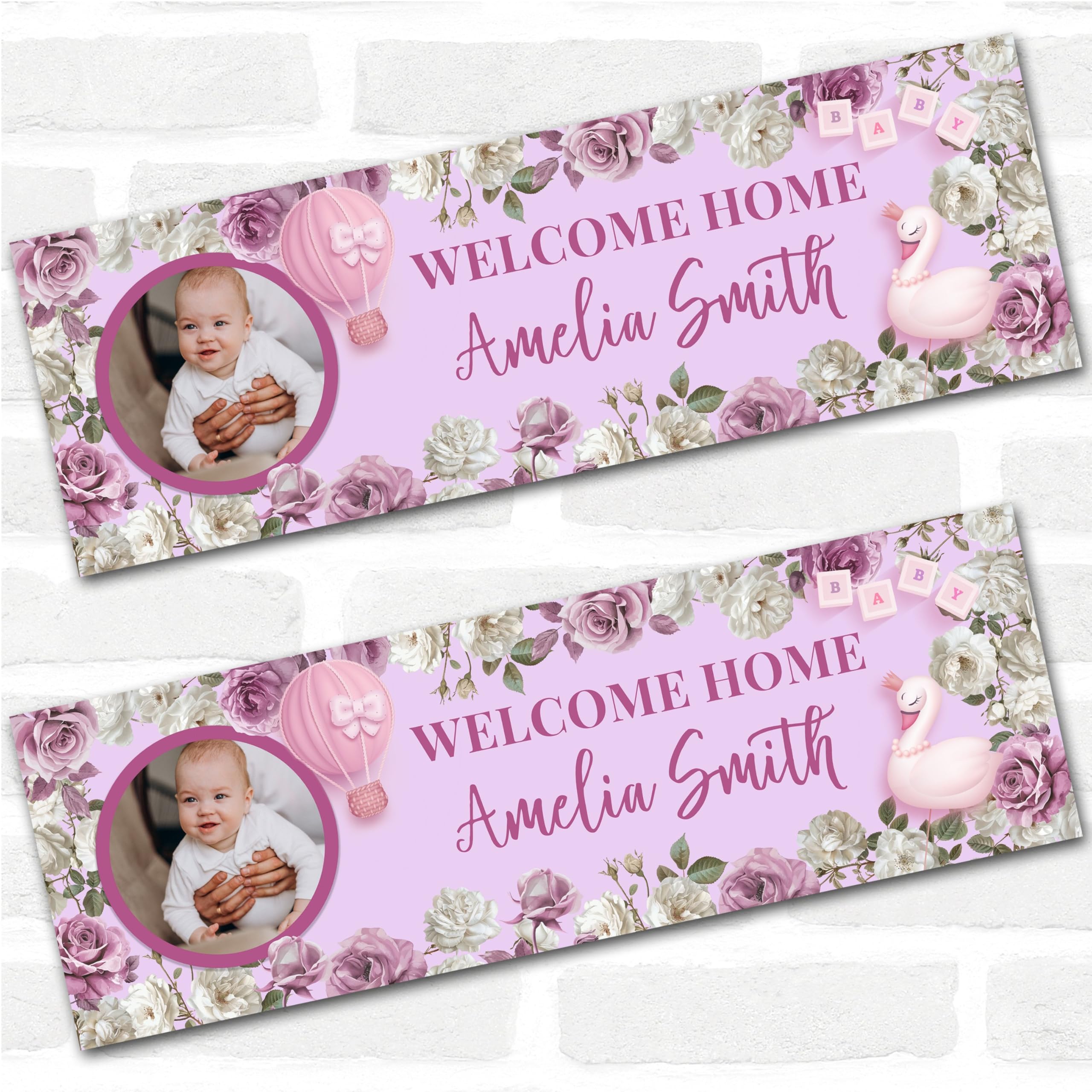 Personalised Party Banner For Welcome Home New Baby Girl Photo Pink Flowers Swan | Custom Large Party Decoration, Event Banner, Backdrop, Décor, Signage. 3 ft x 1 ft | 4.5 ft x 1.5 ft | 6 ft x 2 ft