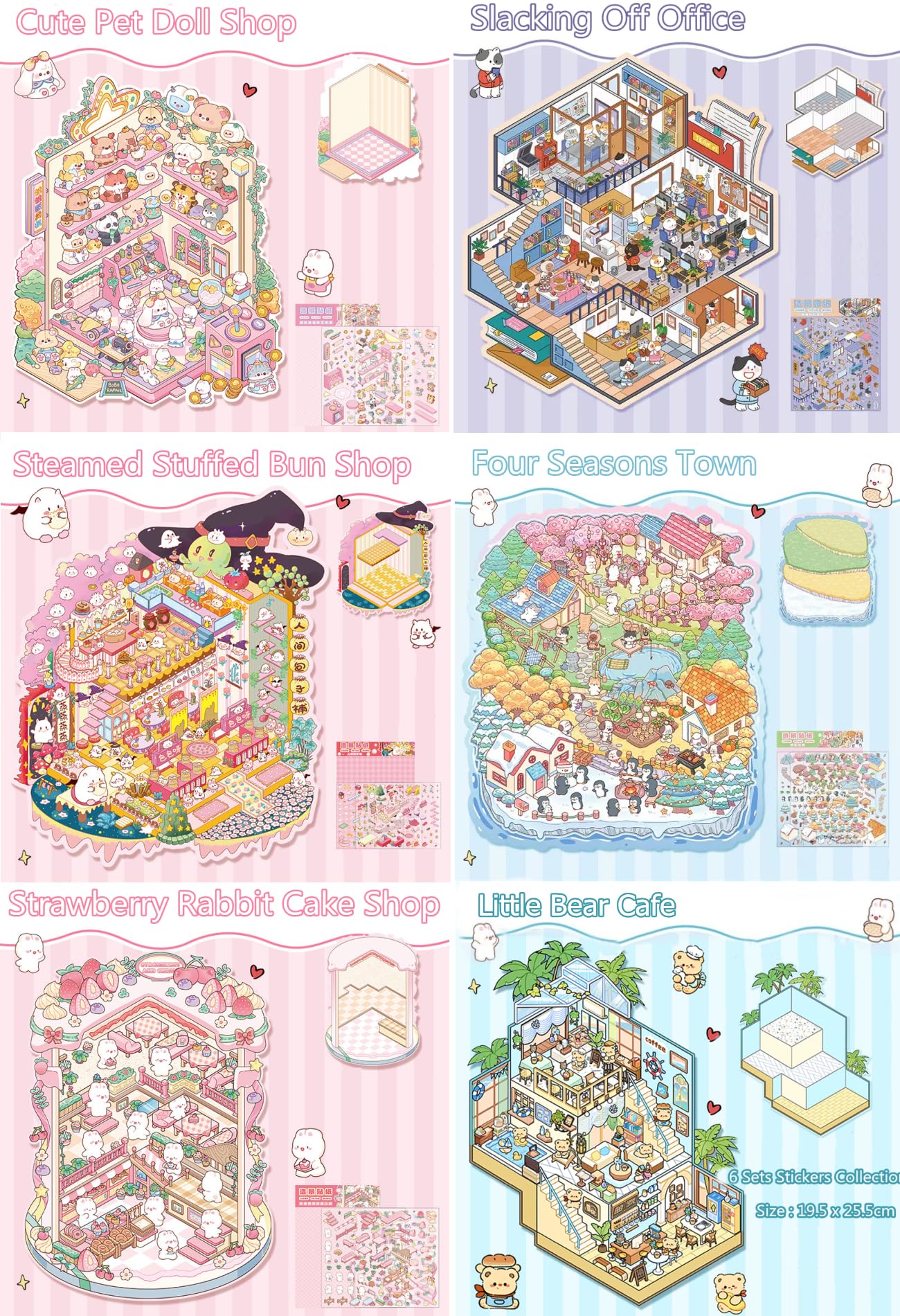 Wnqou 6 Sets DIY 3D House Stickers Collection Book, Large- Version 3D Scene, Miniature Simulated Cabin Scene Game - Image 3