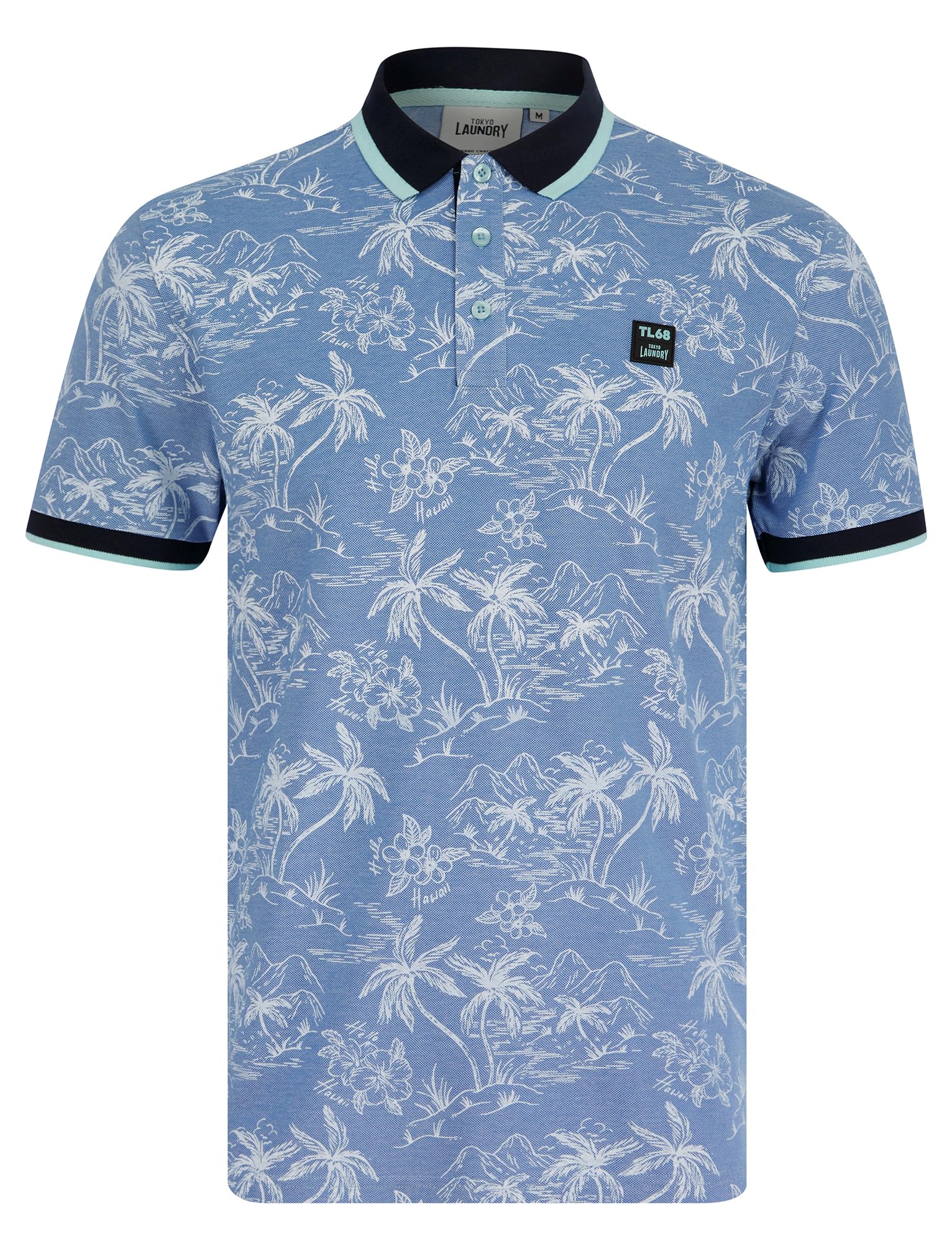 Tokyo Laundry Men's Light Blue 'Milo' Cotton Blend Pique Tropical Hawaiian Print Polo Shirt