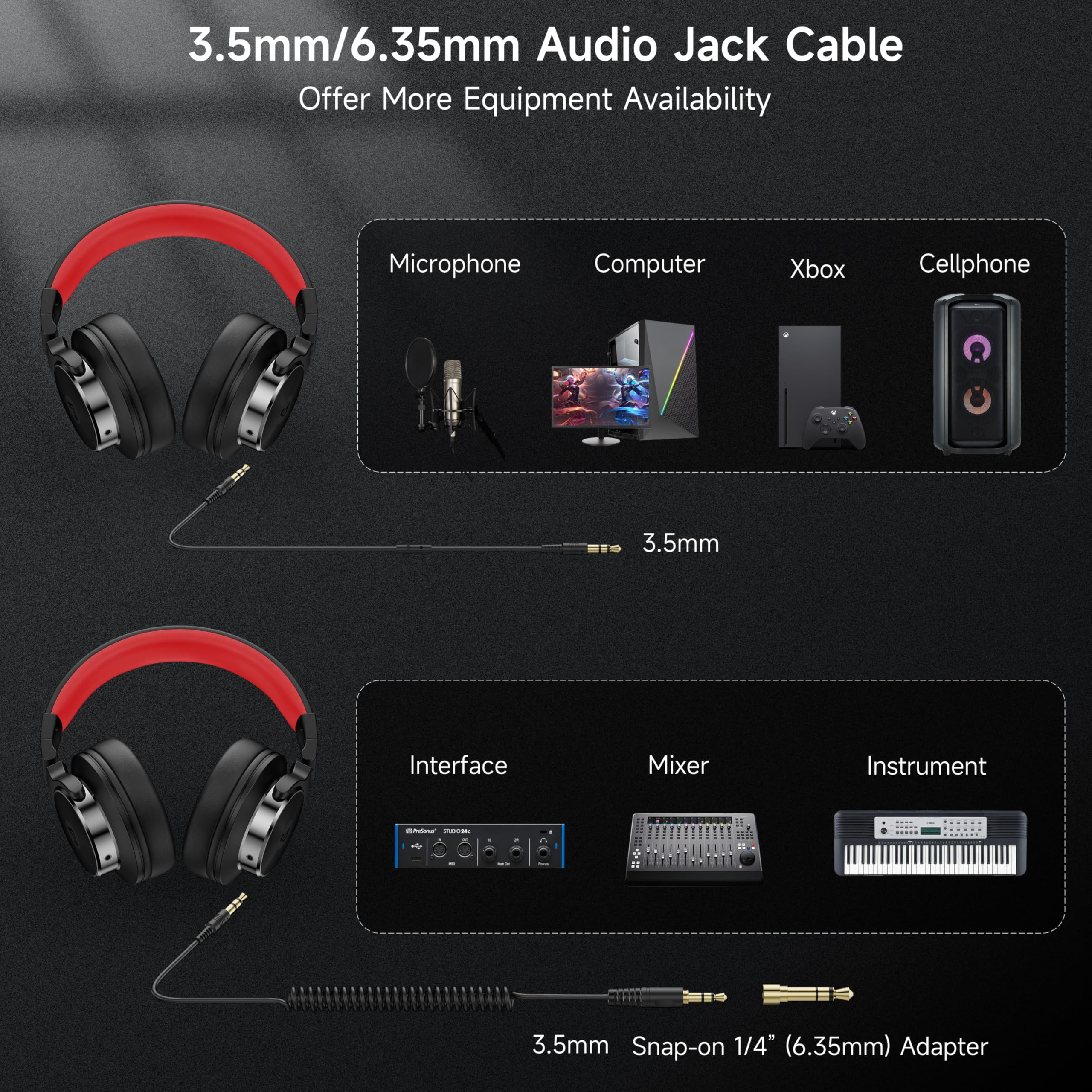 syndesmos Casque filaire supra-auriculaire, moniteur de studio et casque DJ mixeur avec pilotes en néodyme de 50 mm et prise jack 1/4 à 3,5 mm pour guitare, podcast, ampli et clavier de piano (noir