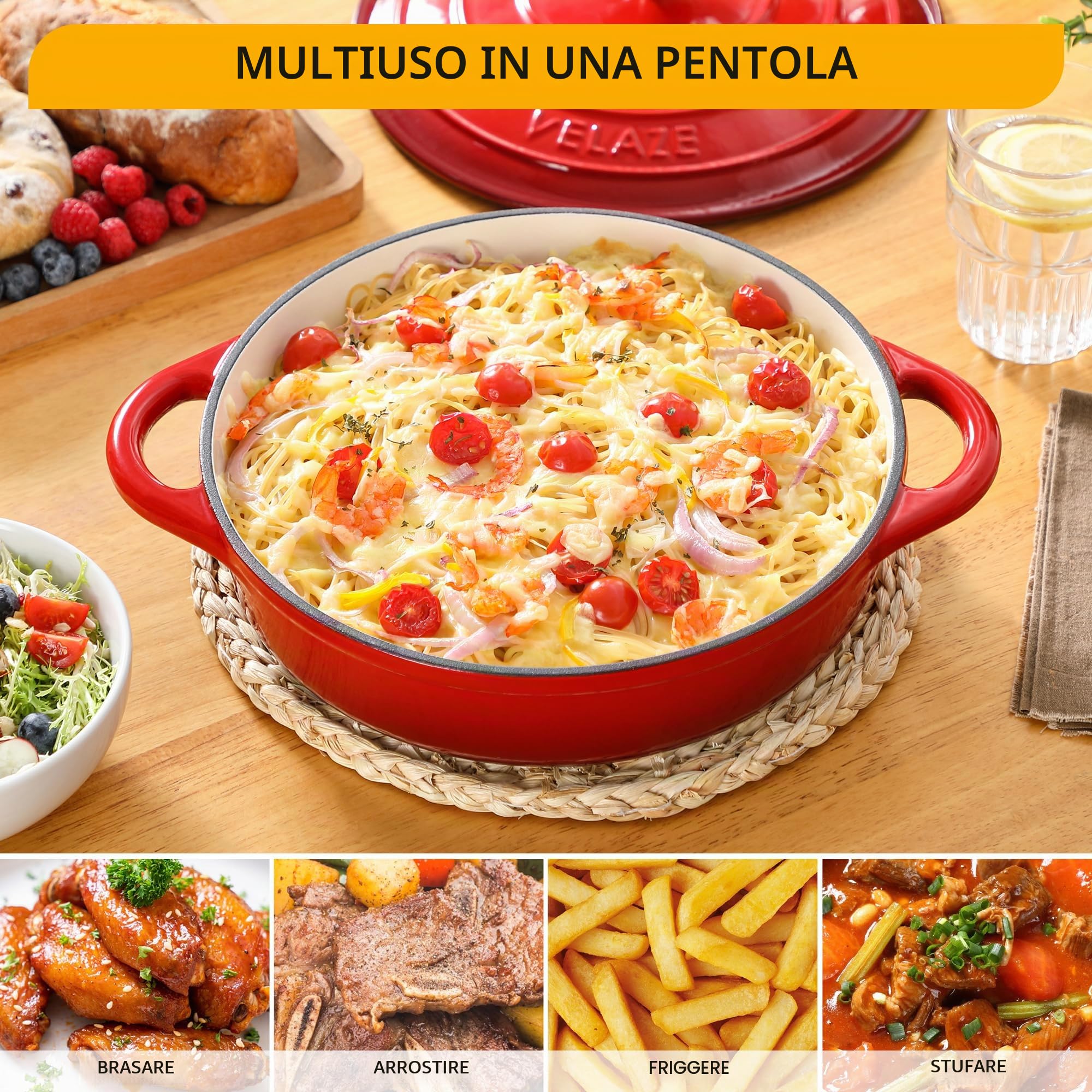 Velaze Casseruola in Ghisa, Pentola a Induzione per Stufati e Brasati, Cocotte Casseruola con Coperchio in Rivestimento Smaltato, Forno Olandese, Rosso, Rotondo - 28cm, 3.5L