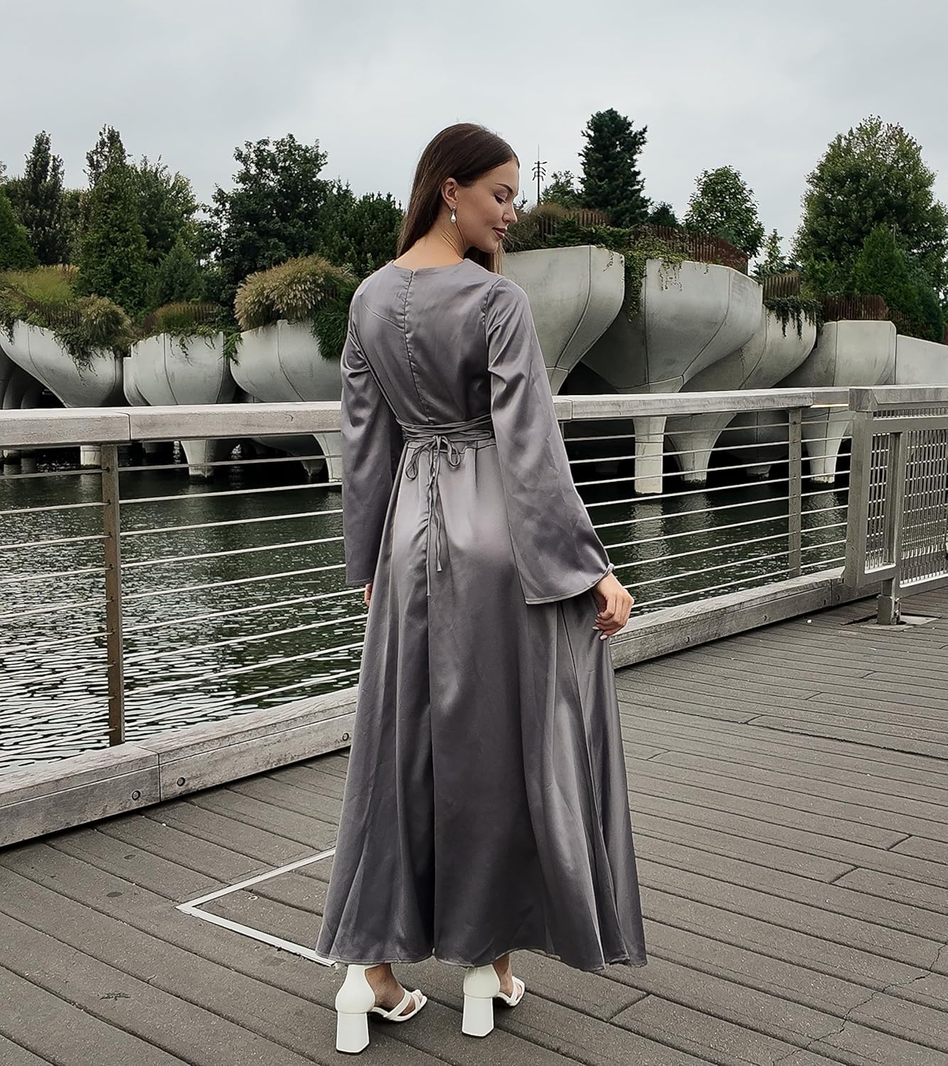 Modest Satin Maxi Dress for Women Long Sleeve Floor Length Evening Gown Hijab Friendly A-Line Empire Waist - Image 3