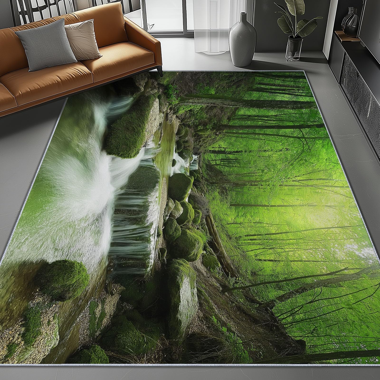 Lavabile in Lavatrice Tappeto per Soggiorno Camera da Letto Ufficio Decorazione 120 x 180 cm, Natura Paesaggio Foresta Ruscello Tema Flanella Tappeti con Supporto Antiscivolo, Verde