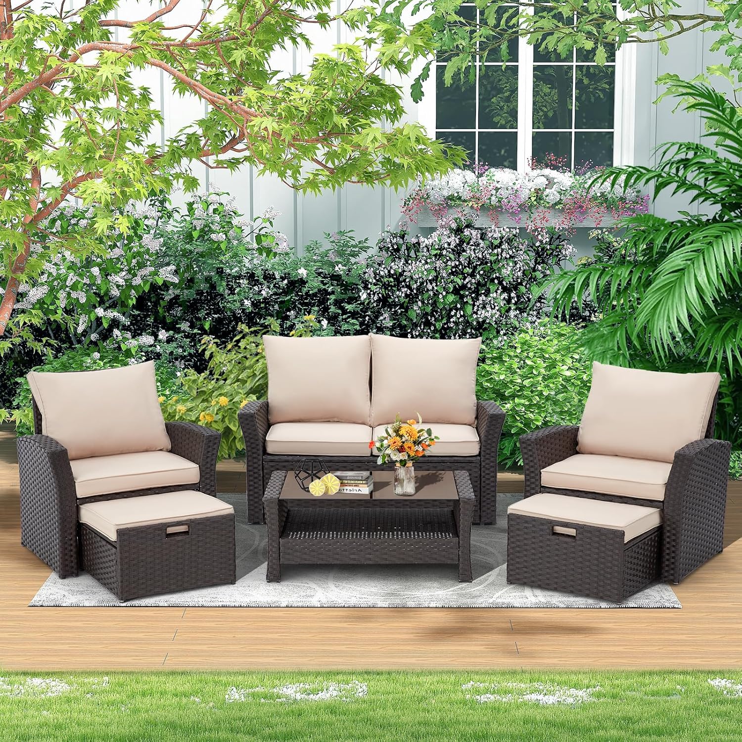 HOMREST 6 Pieces Outdoor Patio Furniture Set with Coffee Table, Patio Conversation Set with Ottoman with Storage, Outdoor Sofa for Garden, Porch, Deck, Backyard(Khaki)