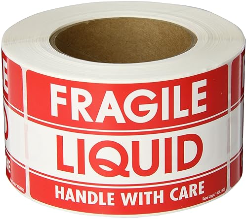 Aviditi Tape Logic - Adhesivo de advertencia rojo y blanco con texto en inglés "Fragile Liquid Handle with Care" de 3 x 5 pulgadas, para envío,