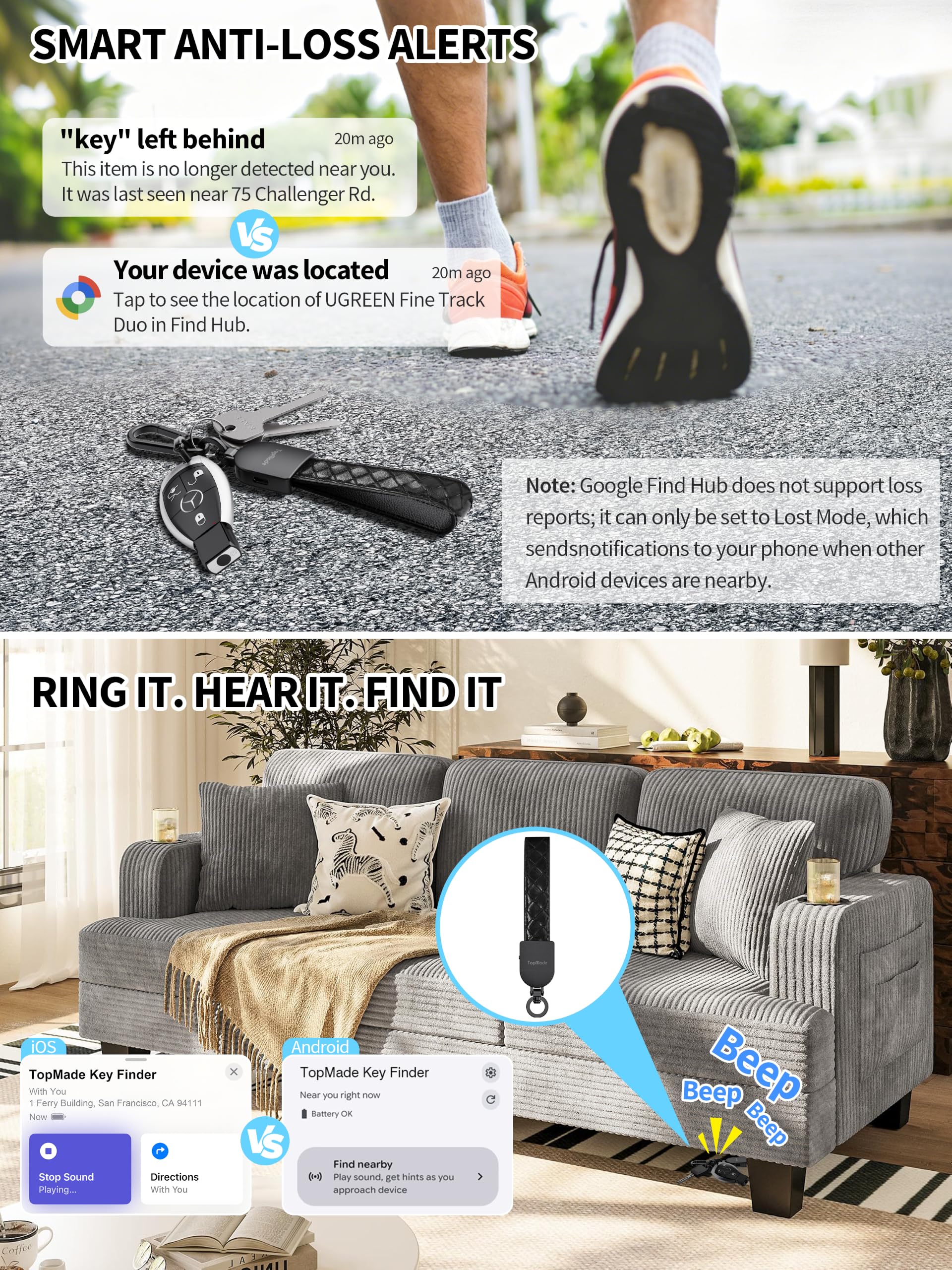 TopMade Porte-clés anti-perte, fonctionne avec Apple Find My et Google Find Hub, porte-clés de voiture en cuir de qualité supérieure, rechargeable, localisateur de clés Bluetooth, étanche IP67, noir