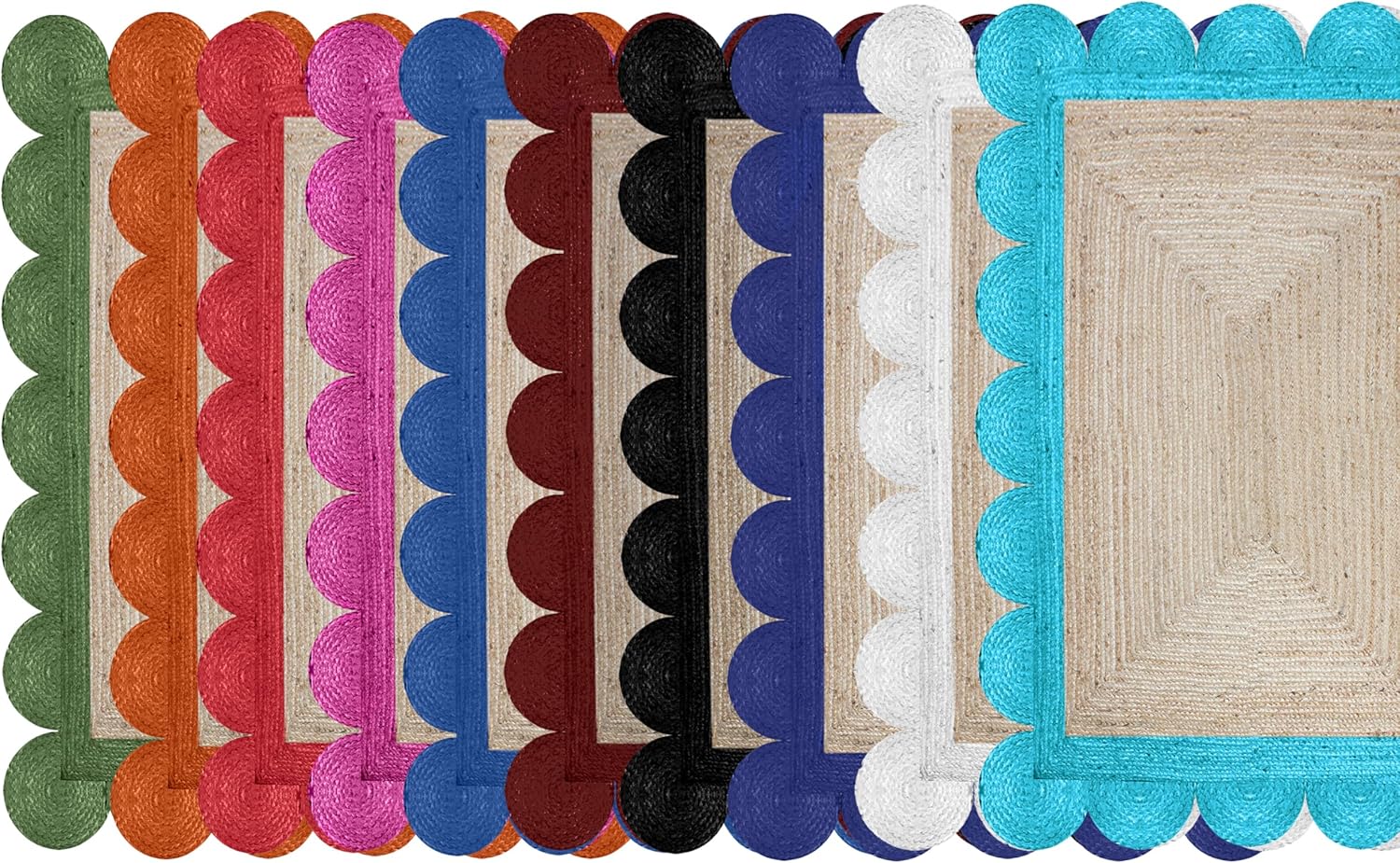 Braided Scalloped Runner Rug, Natural Jute Fiber Area Rug, 2x18 Ft Beige & Base Turquoise Woven Flatweave Kilim Rug for Indoor, Outdoor, Living Room, Kitchen, Entryway, Farmhouse