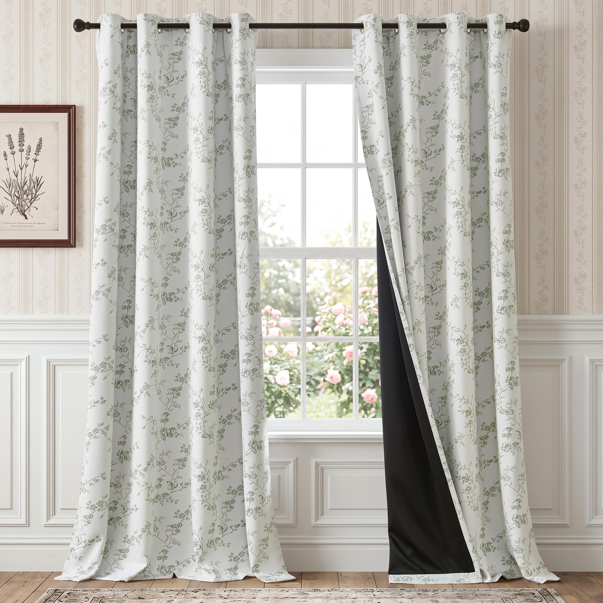 TOPICK Floral 100% Blackout Curtains for Bedroom Living Room W52xL90 Green