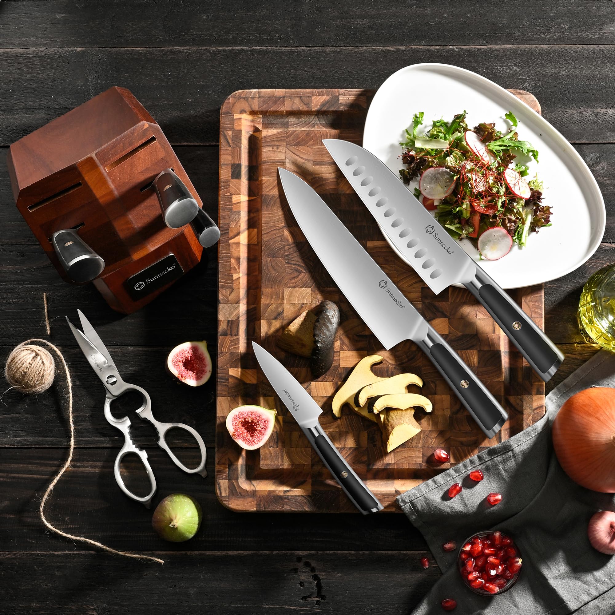 Sunnecko Messerblock set 8 teilig Block Messerset | Küchenmesserset mit Kohlenstoffgehalt Edelstahl, für die Küche mit Holzblock - Kochmesser set mit ergonomischem Griff