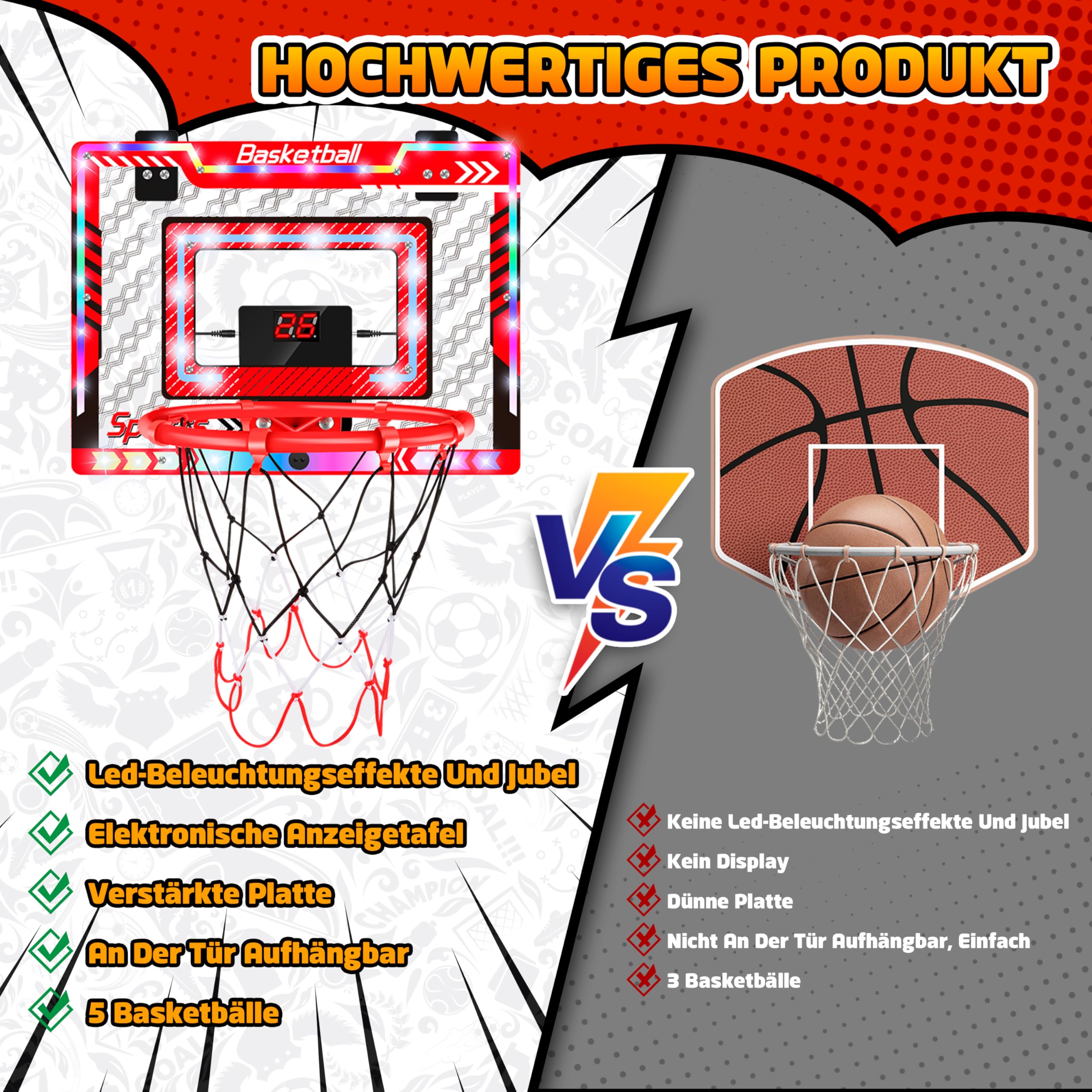 Charmofun Basketballkorb für Kinder, Höhenverstellbar 105-183cm, Kinderspielzeug Basketball Hoop mit 5 Ball, Basketball Korb mit Anzeigetafel, Lichter, Indoor Outdoor Spielzeug für Jungen Mädchen
