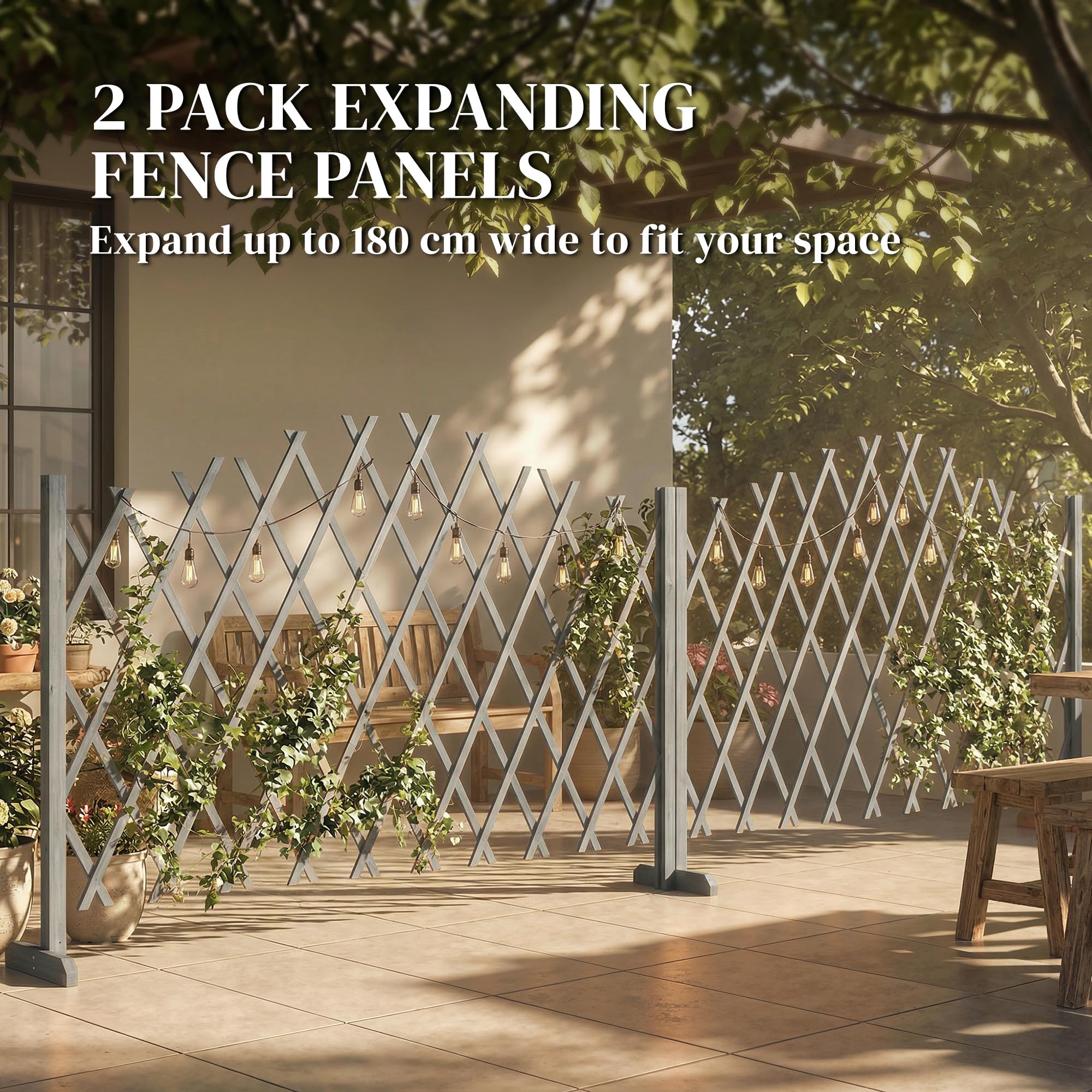 Outsunny 2 Pack Expanding Fence Panels, Wooden Freestanding Garden Fence with Adjustable Length, Stable Feet, Expandable Trellis Fencing for Indoor Outdoor Patio, 180 x 30 x 103cm, Dark Grey — view 3