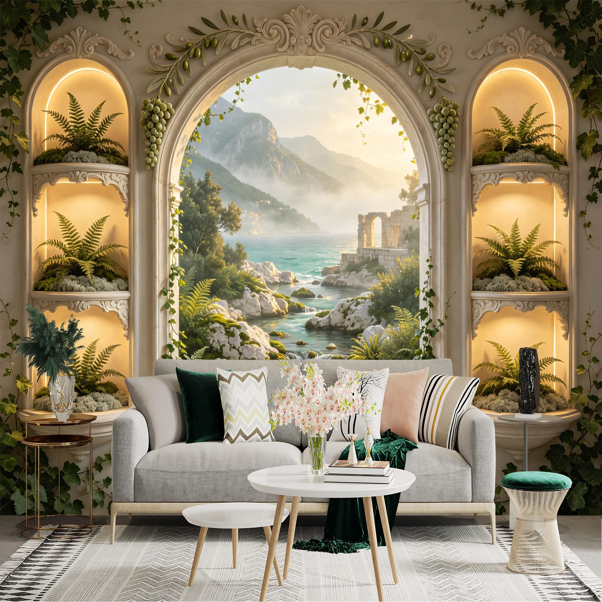 Custom Size Wall Sticker Mural， Mediterranean Arch with Ocean View， Waterfall and Lush Greenery， for wall Decoration， peelandstick wall Decals.