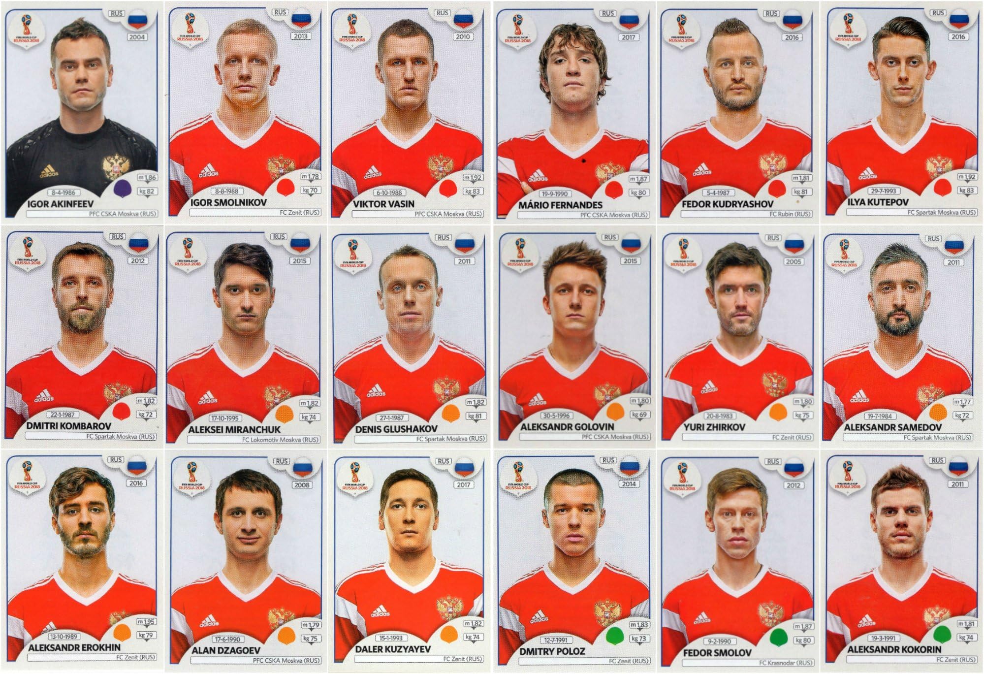 Panini World Cup 2018 Stickers - 18 Russia Stickers - Team Set - Players ONLY #34 - #51