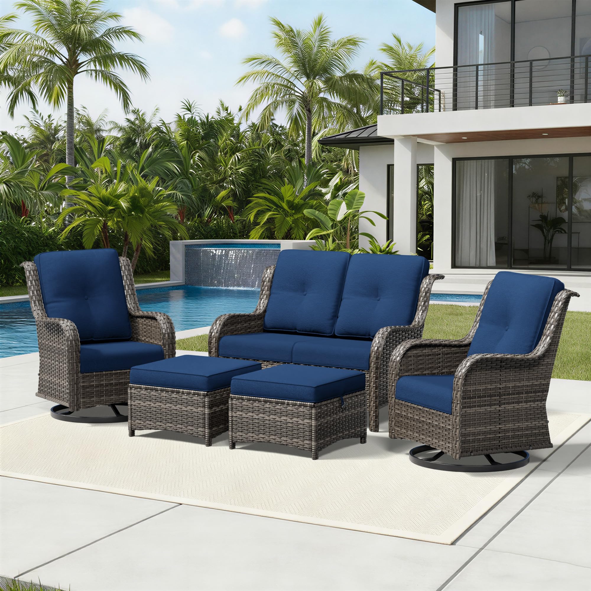 Joyside 5 Piece Wicker Patio Furniture Set, Outdoor Swivel Rocker Patio Chairs with High Back, Deep Seating, Wide Armrest, Thickened Cushions, Outdoor Furniture for Deck, Porch Use