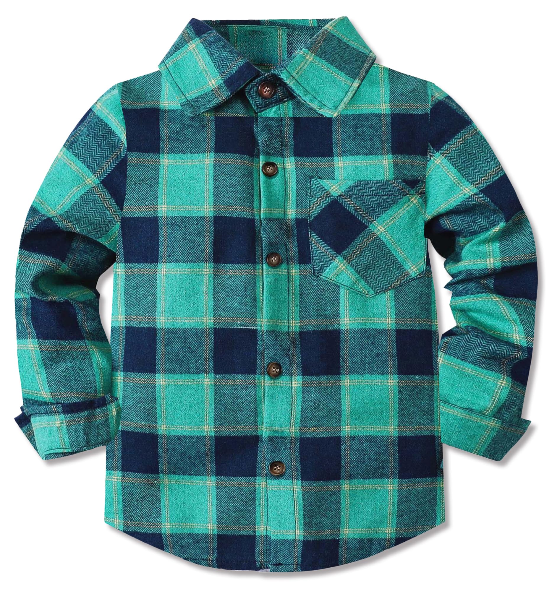 Cromoncent Camisa de manga larga de franela a cuadros con botones para hombre, Verde azulado, azul marin, 2-3 años