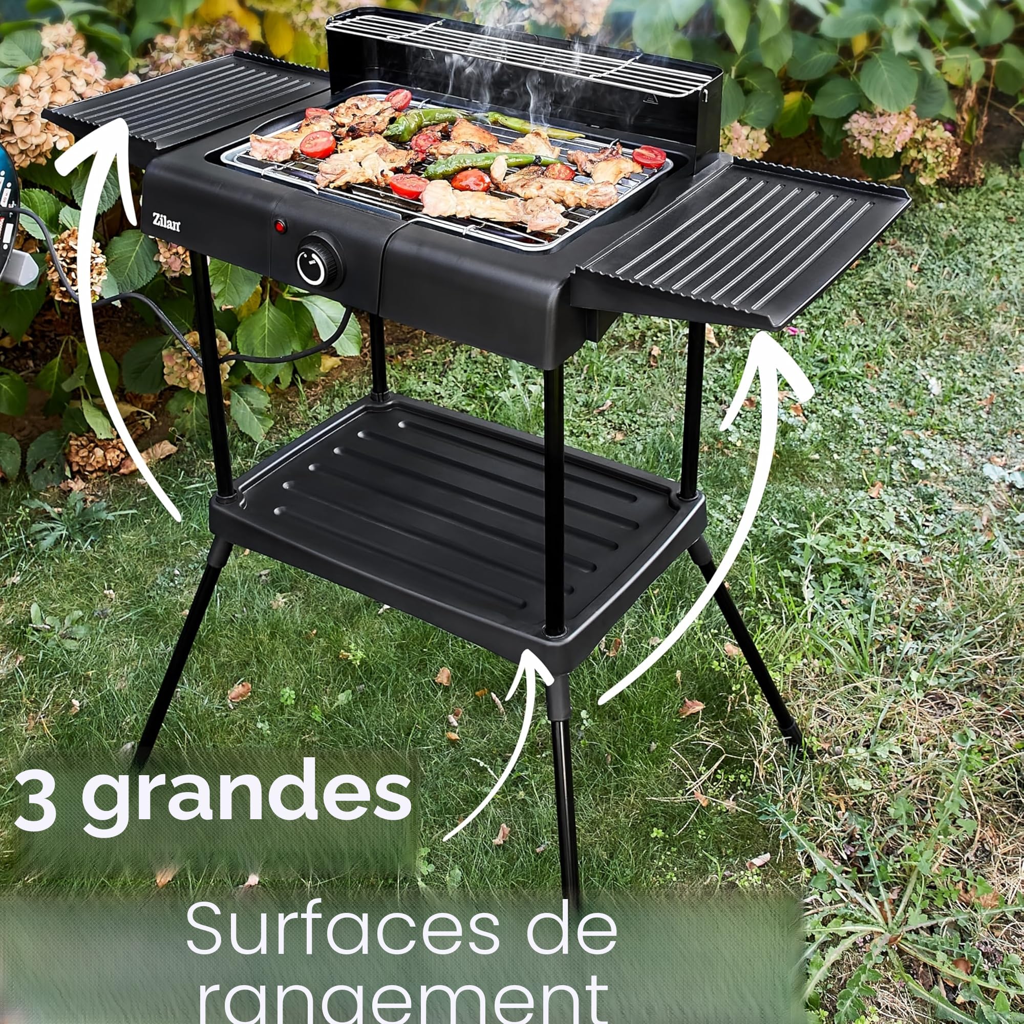 Barbecue électrique 2 en 1 - 2 400 W - Barbecue électrique pour balcon, extérieur et intérieur avec pied - Grandes surfaces de cuisson - Régulateur de température en continu