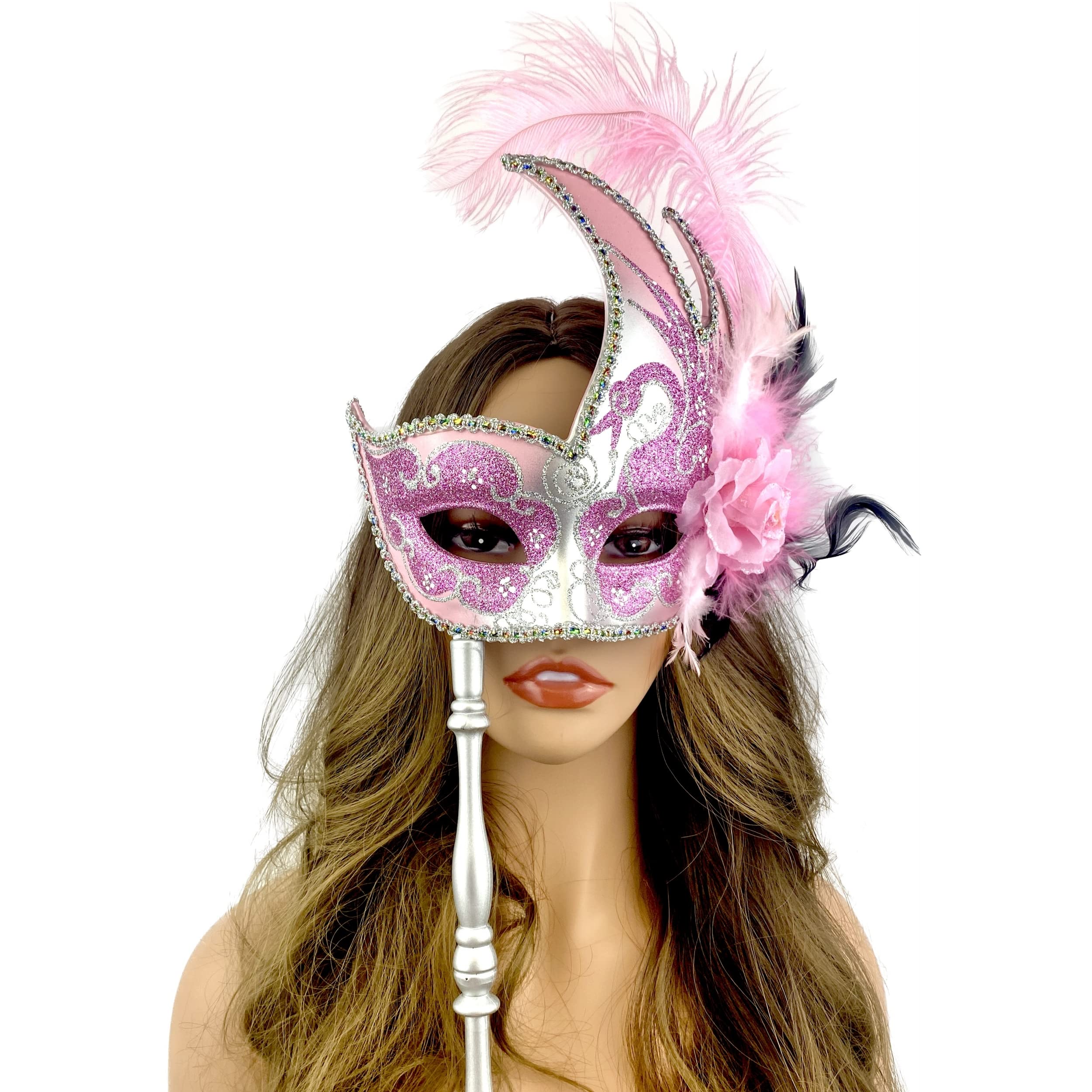 STORM BUY Masquerade Feather Mask with Holding Stick Venetian Women Mask For Halloween Costume Mardi Gras Party For Adult