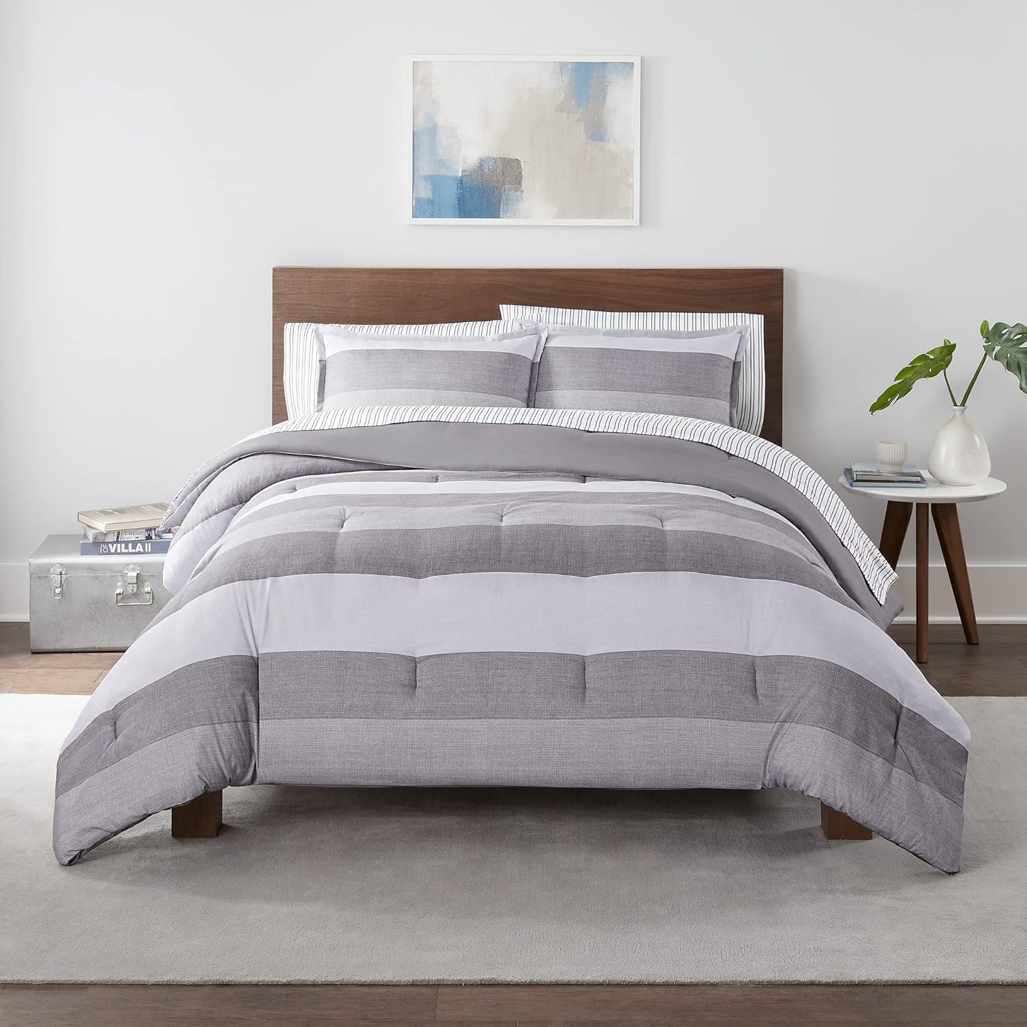 Serta Simply Clean Billy Soft 7 Piece Textured Stripe Bed in a Bag Complete Bedding Comforter Set with Sheets and Pillow Cases for All Season, Queen, Grey Queen Grey