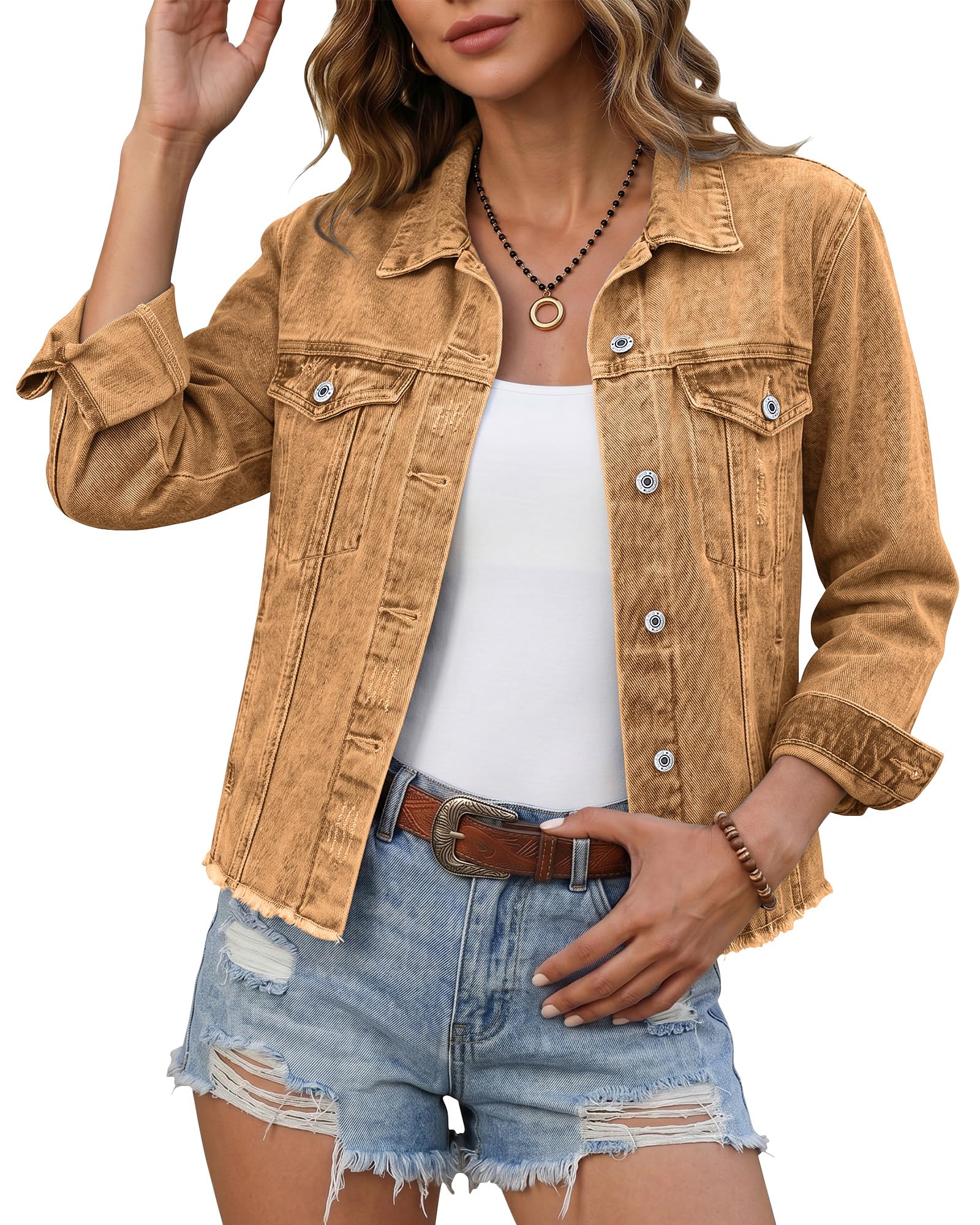 luvamia Denim Jacket for Women Distressed Jean Jackets Button Up Vintage Western Trucker Jacket Frayed Hem Pockets