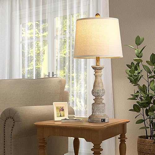 Miniatura 4 de Lámparas de mesa para sala de estar, juego de 2 lámparas de dormitorio de granja con puertos de carga USB C+A, lámparas táctiles para mesita de