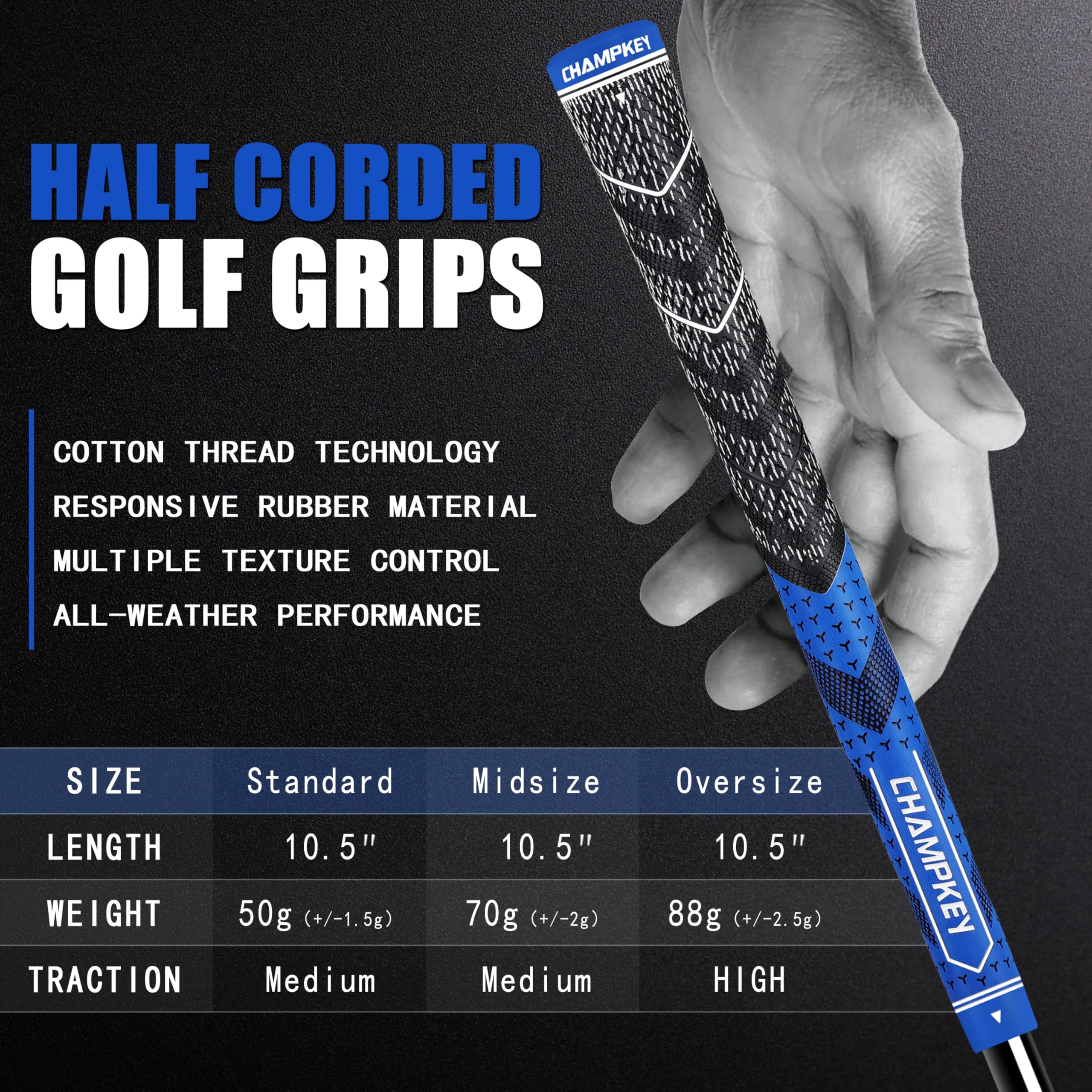 CHAMPKEY Golfgriffe mit halber Schnur, 13 Stück, mit Golfgriff-Set – Allwetter-Performance-Golfschläger-Griffe – hohe Traktion und Feedback Golfgriffe für Herren