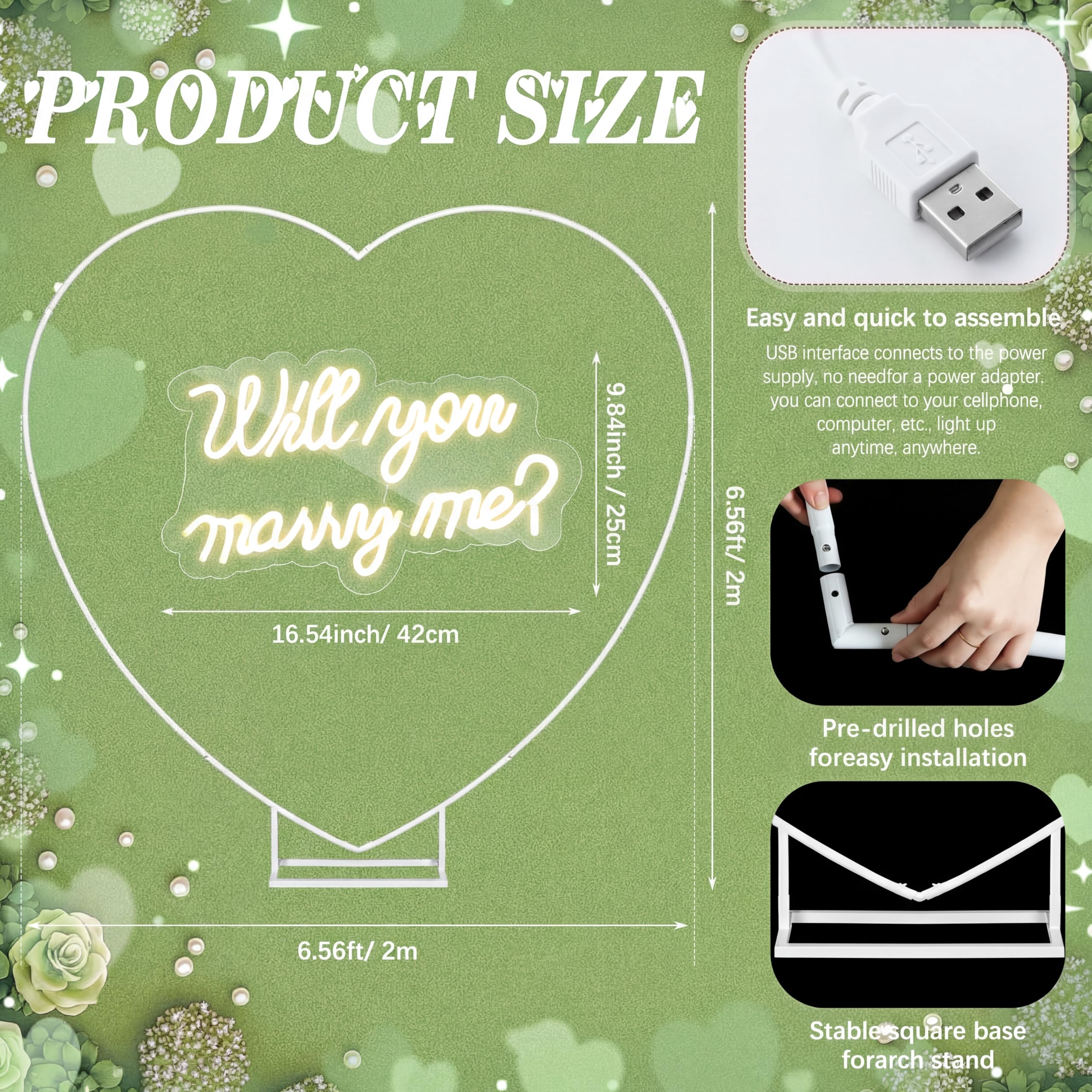 Breling 2 m großer Metall-Herzbogen mit Ständer und "Will You Marry Me", LED-Neonlicht-Schild, Hintergrund für Outdoor-Antrag, Hochzeit, Verlobung, Braut, Valentinstag und Geburtstag, Party-Dekoration