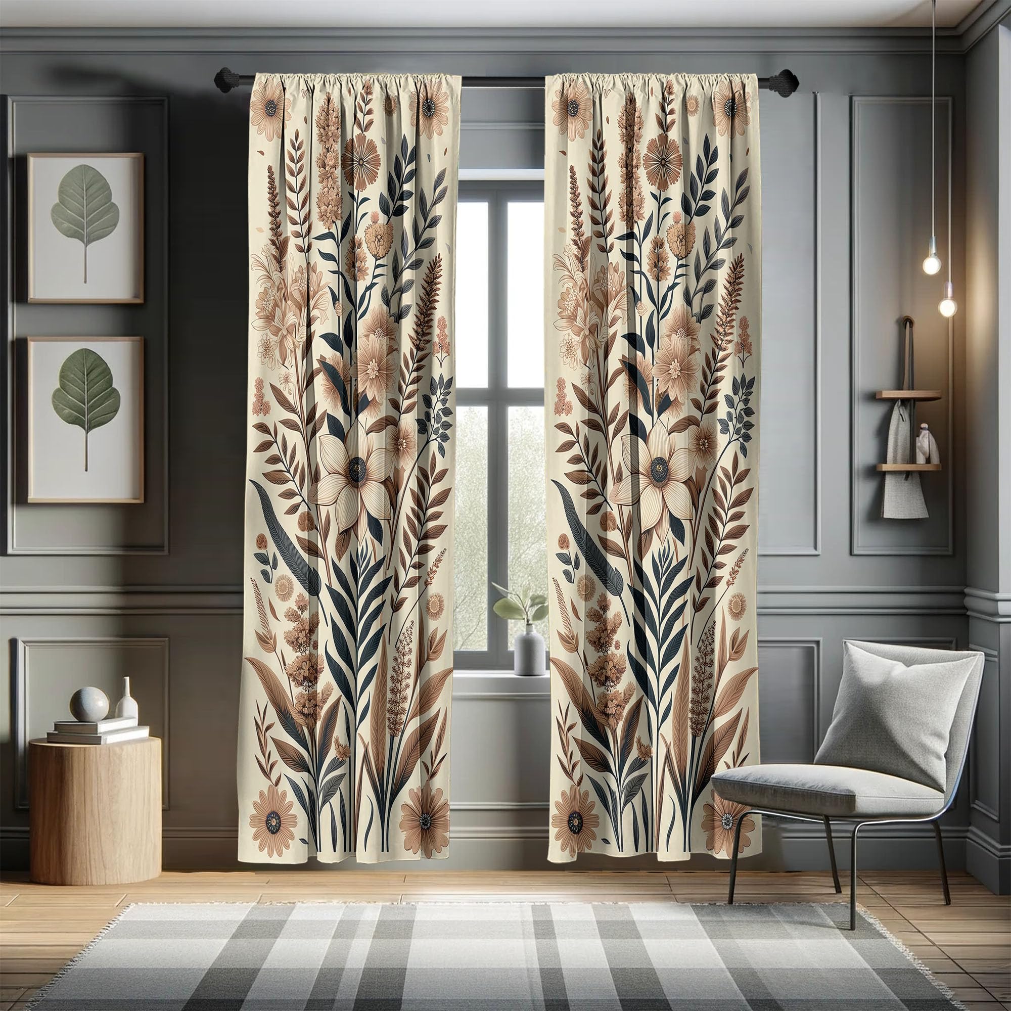 ABAKUHAUS Vintage Floral Window Curtains Pack of 2, Boho Garden of Nostalgia Branches Leaves and Blooming Flowers - Image 3