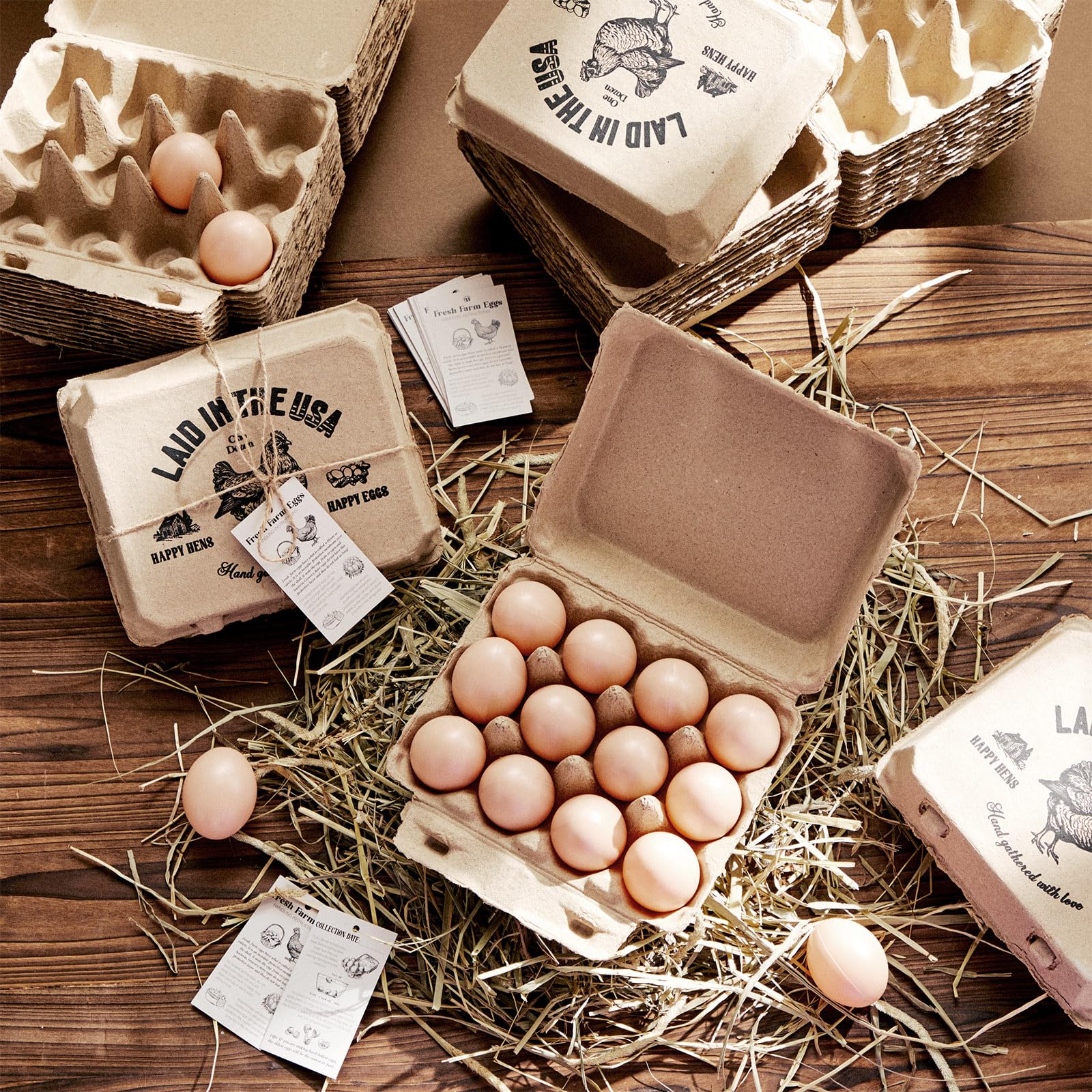Maxdot Confezione da 36 cartoni per uova sfusi stile 3x4 per uova in cartone realizzati in pasta di carta con carte di istruzioni e corda di iuta, vassoio vuoto per uova per fattoria familiare