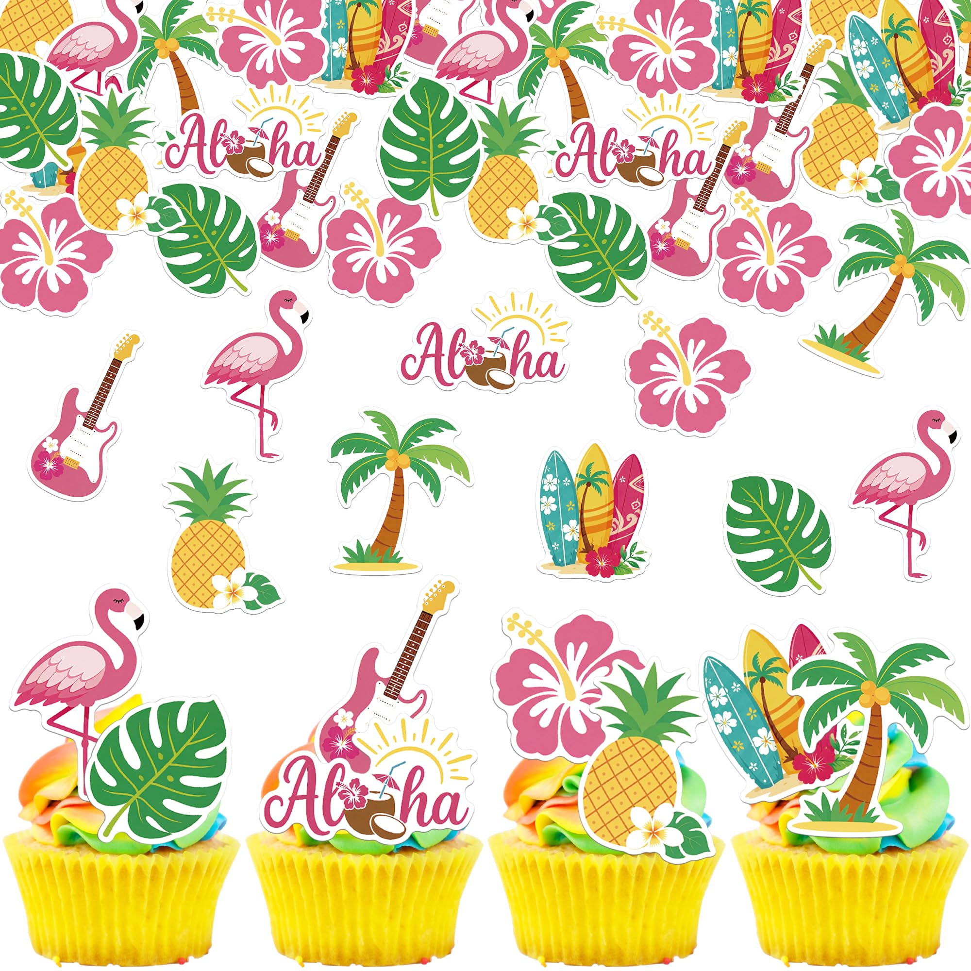 64 Pack Edible Tropical Aloha Luau Cupcake Toppers Wafer Paper Palm Tree Flower Leaves Surfboard Flamingo Pineapple Cupcake Picks for Summer Hawaiian Theme Birthday Party Cake Decorations Supplies โ image 1