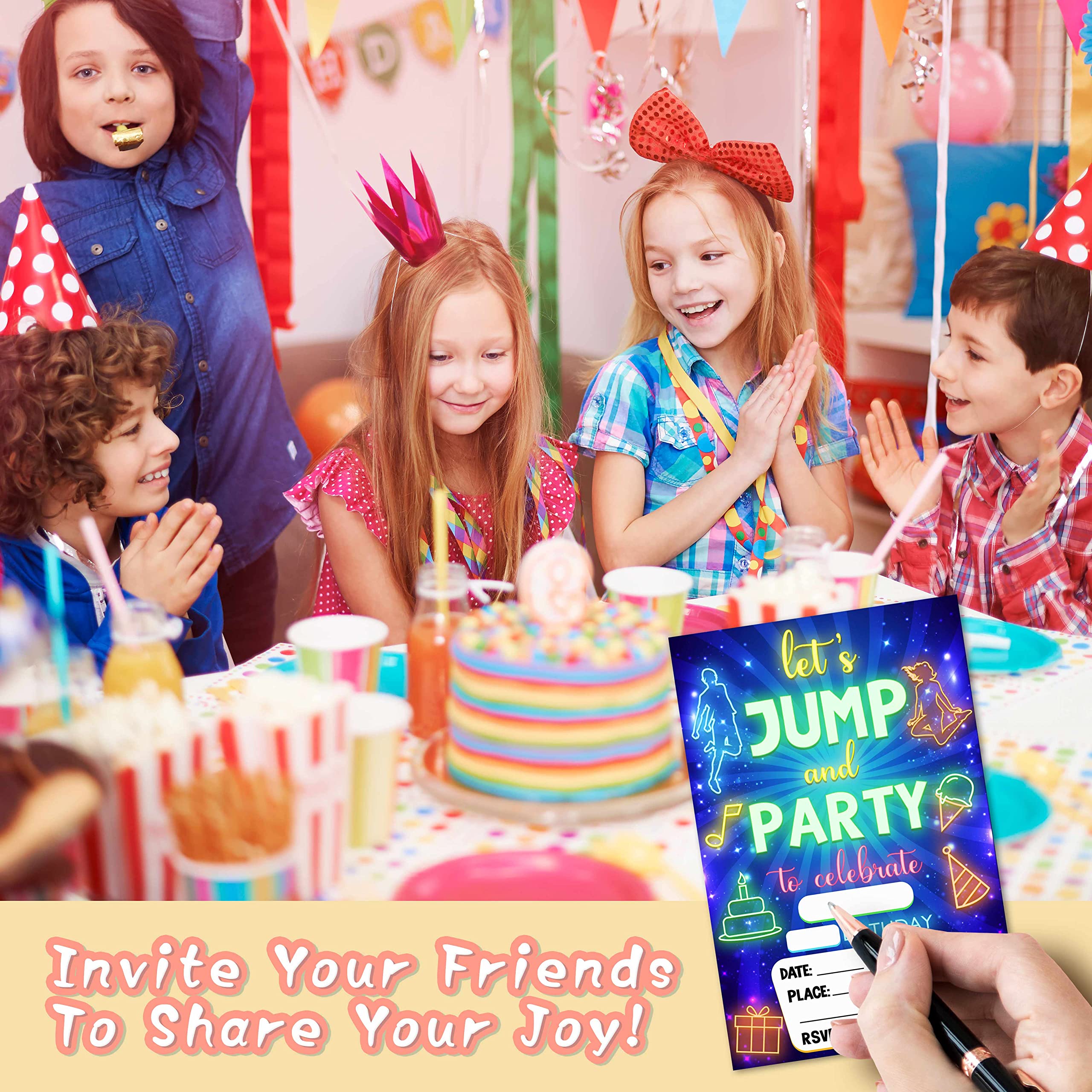 DETIHO 10 cm x 15 cm trampolina kartki z zaproszeniami na przyjęcie urodzinowe z kopertami - Let's Jump and Part - zaproszenie na imprezę do domu - 20 zestawów - E19