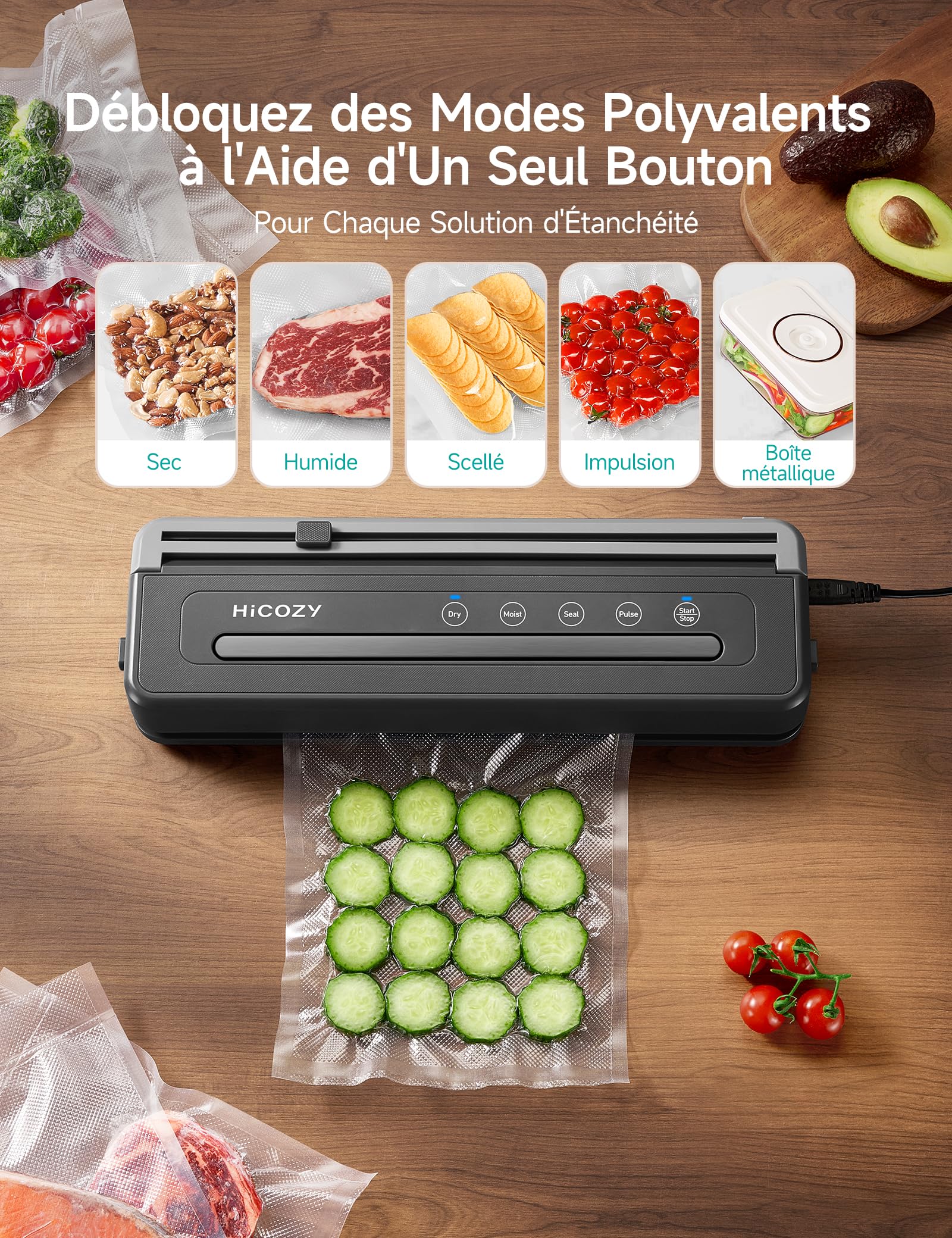 HiCOZY H600 Machine Sous Vide Alimentaire Automatique, Scelleuse Sous Vide avec Double Scellage Puissant, Modes Automatiques 5 en 1 pour Aliments Secs et Humides, Coupe-film Intégré, Gris