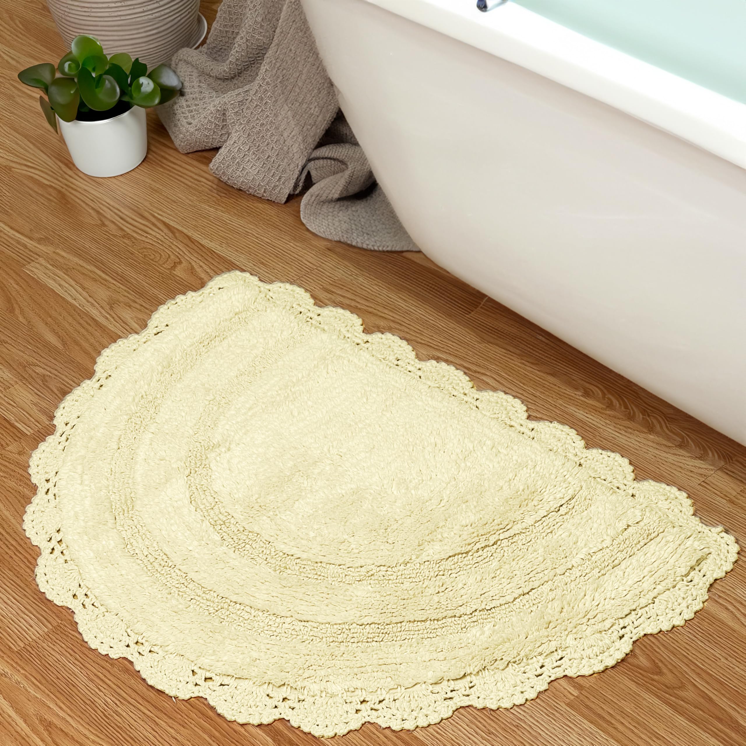 Chardin home Light Yellow Crochet Bathrug,100% Cotton Semicircle bathmat with artisanally Handcrafted Crochet Border, 20x32 Inch D Shape, Perfect for