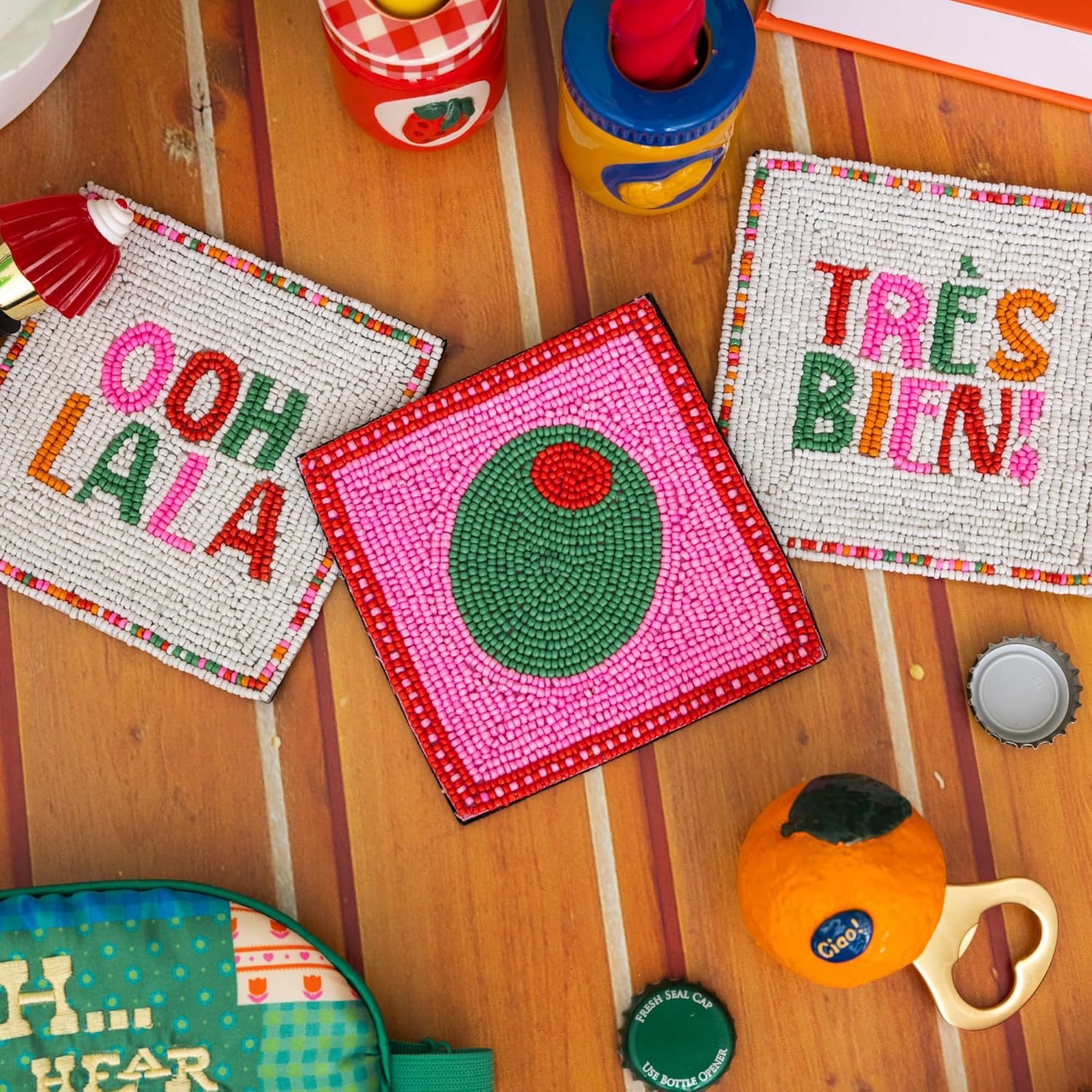 ban.do Beaded Coaster Set of 4, Colorful/Funky/Unique Coffee Table Decor (Cocktails)