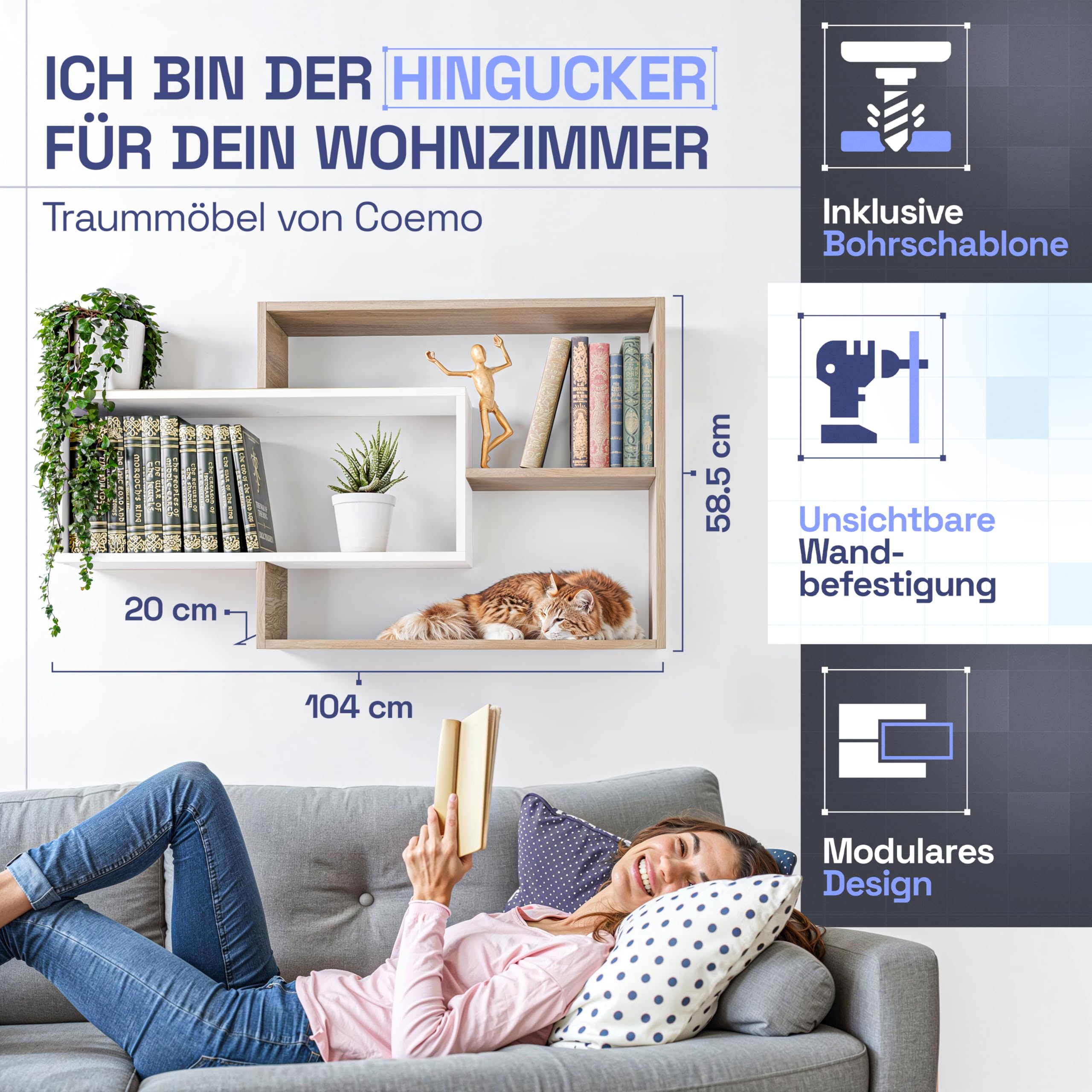 TRAUMMÖBEL Wandregal Karo Natur/Weiß Bücherregal Holz Hängeregal Schweberegal für Wohnzimmer, Schlafzimmer und Küche