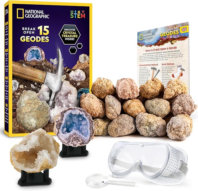 National Geographic Break Ouvrir 15 Géodes Premium - avec Goggles, Guide d'apprentissage détaillé, 3 Supports d'affichage, grand jouet scientifique de stem & Trousse éducative