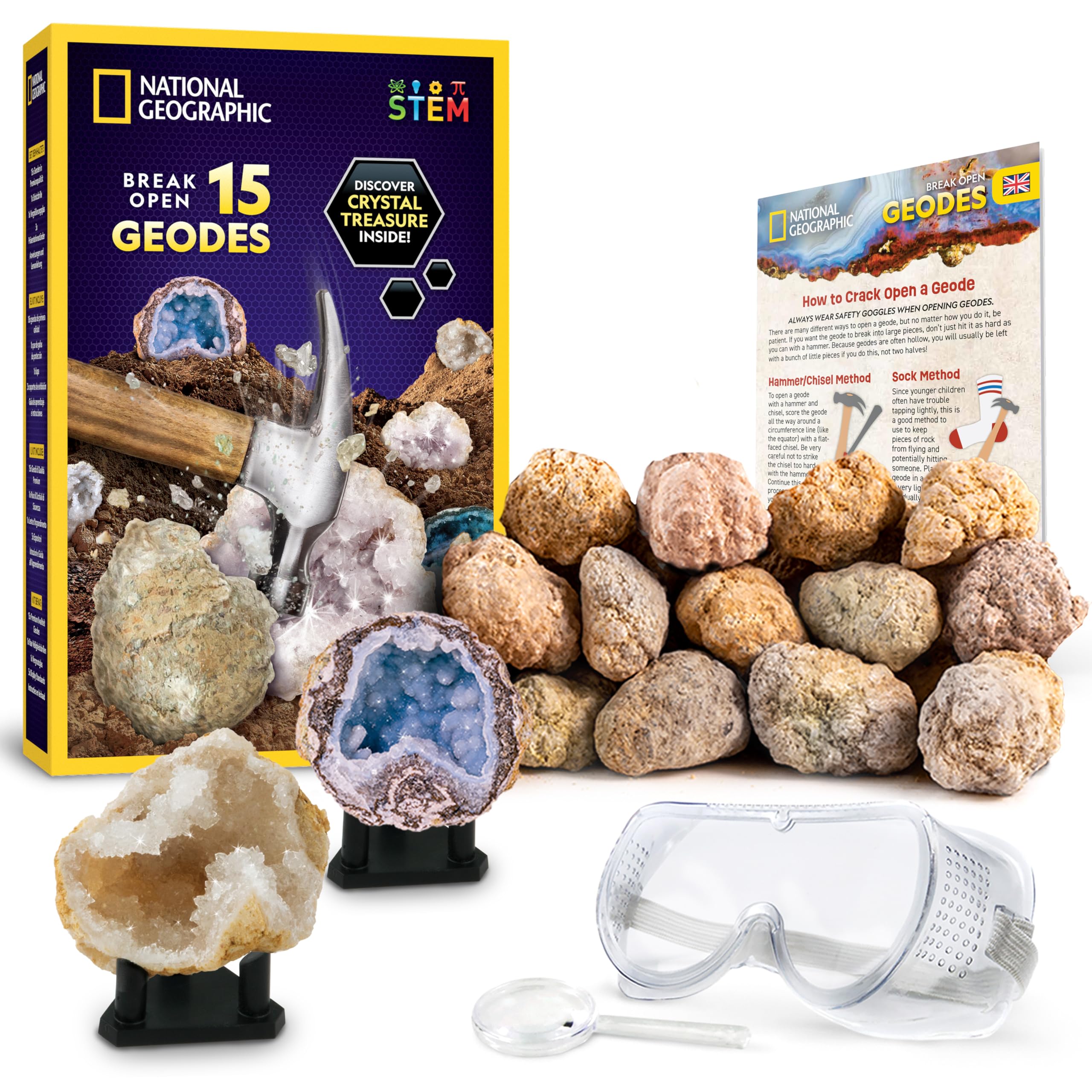 National Geographic Kit de Geodas Premium para Romper – Incluye Gafas, Guía Educativa & 3 Soportes de Exhibición – Gran Juguete Científico CTIM & Set Educativo