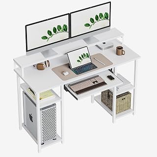 CubiCubi Computer Desk with Keyboard Tray, 47 Inch Office Desk with Monitor Stand and Storage Shelves, Music Studio Desk, Work Table Gaming Desk, White