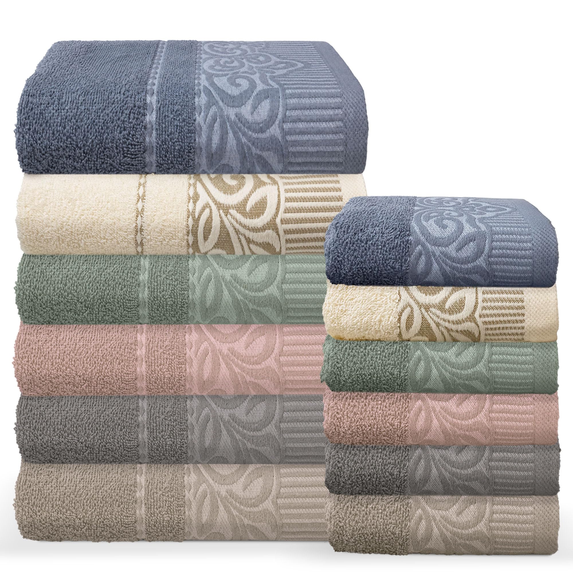 Asciugamani Bagno Viso e Bidet in Puro Cotone Set 12pz 6+6 Ricamati in Morbida Spugna 400 gr Viso 55x100 cm e ospite 40x60 cm