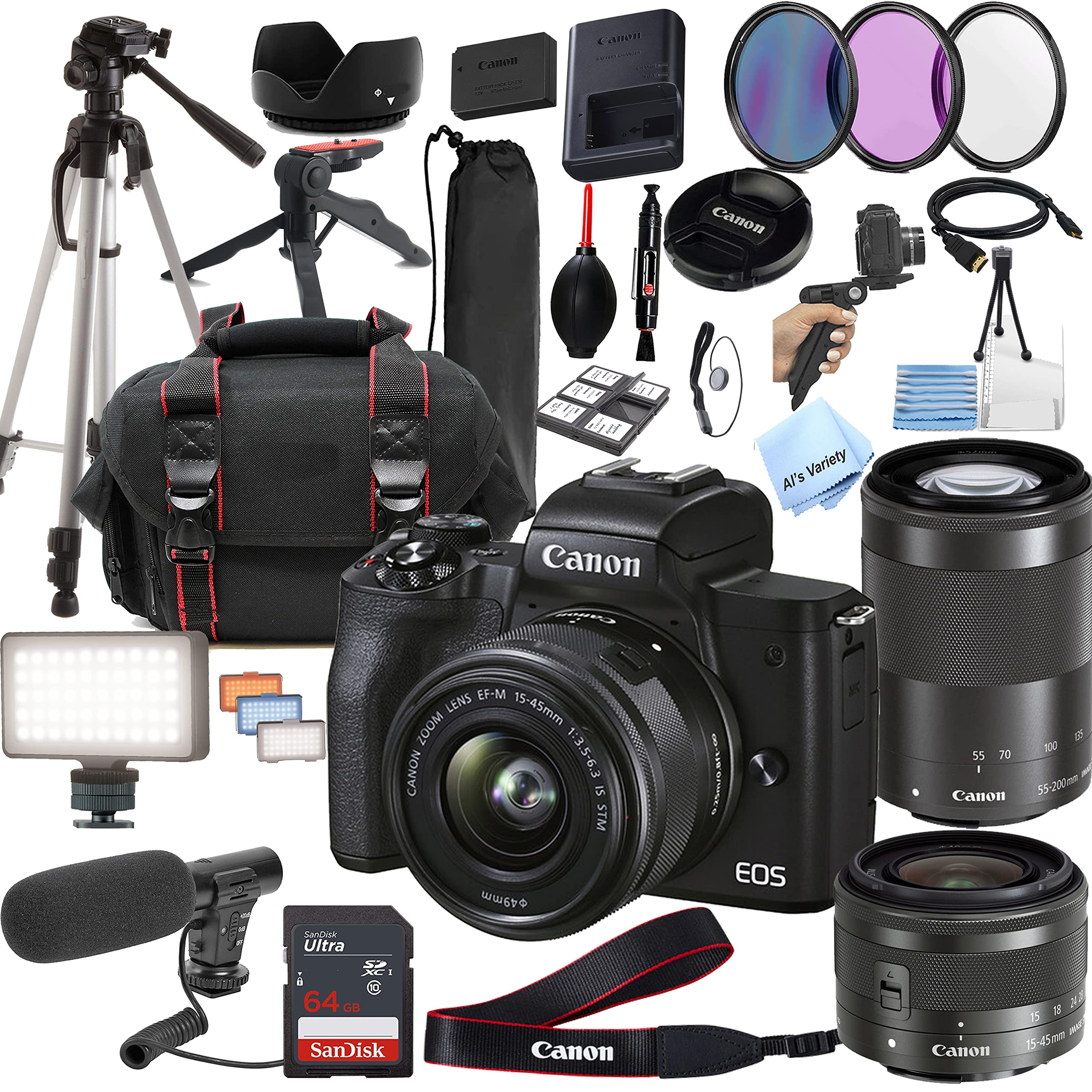 Canon EOS M50 Mark II Mirrorless Camera Video Kit with 15-45mm and 55-200mm Lenses with 15-45mm and 55-200mm Lenses + Shot-Gun Microphone + LED Always on Light + 64GB Memory + More (30PC Bundle)