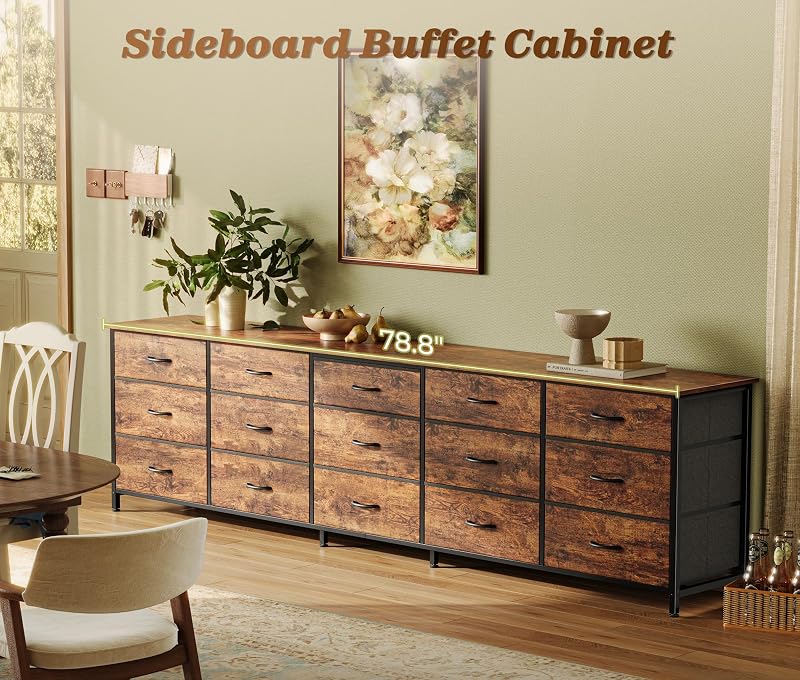 Huuger 78.7 inch Long Dresser for Bedroom, 15 Drawer Fabric Dresser for Closet, Large TV Stand for 65, 75, 85 inch TV, Wide Chest of Drawer with Storage, 78.7" W x 12.9" D x 26.7" H, Rustic Brown image 2