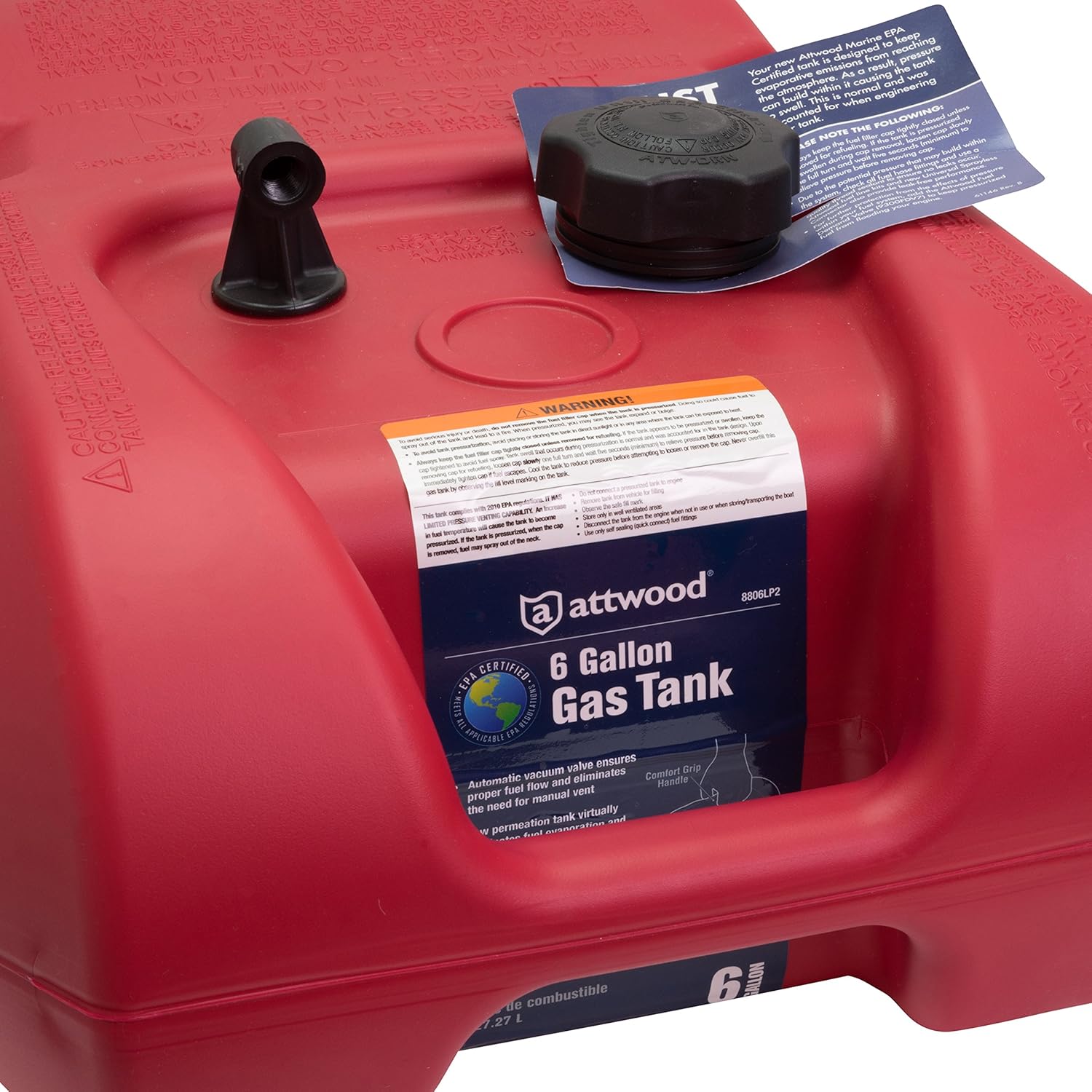 Attwood EPA and CARB Certified 6-Gallon Portable Marine Boat Fuel Tank 6-gallon without Gauge