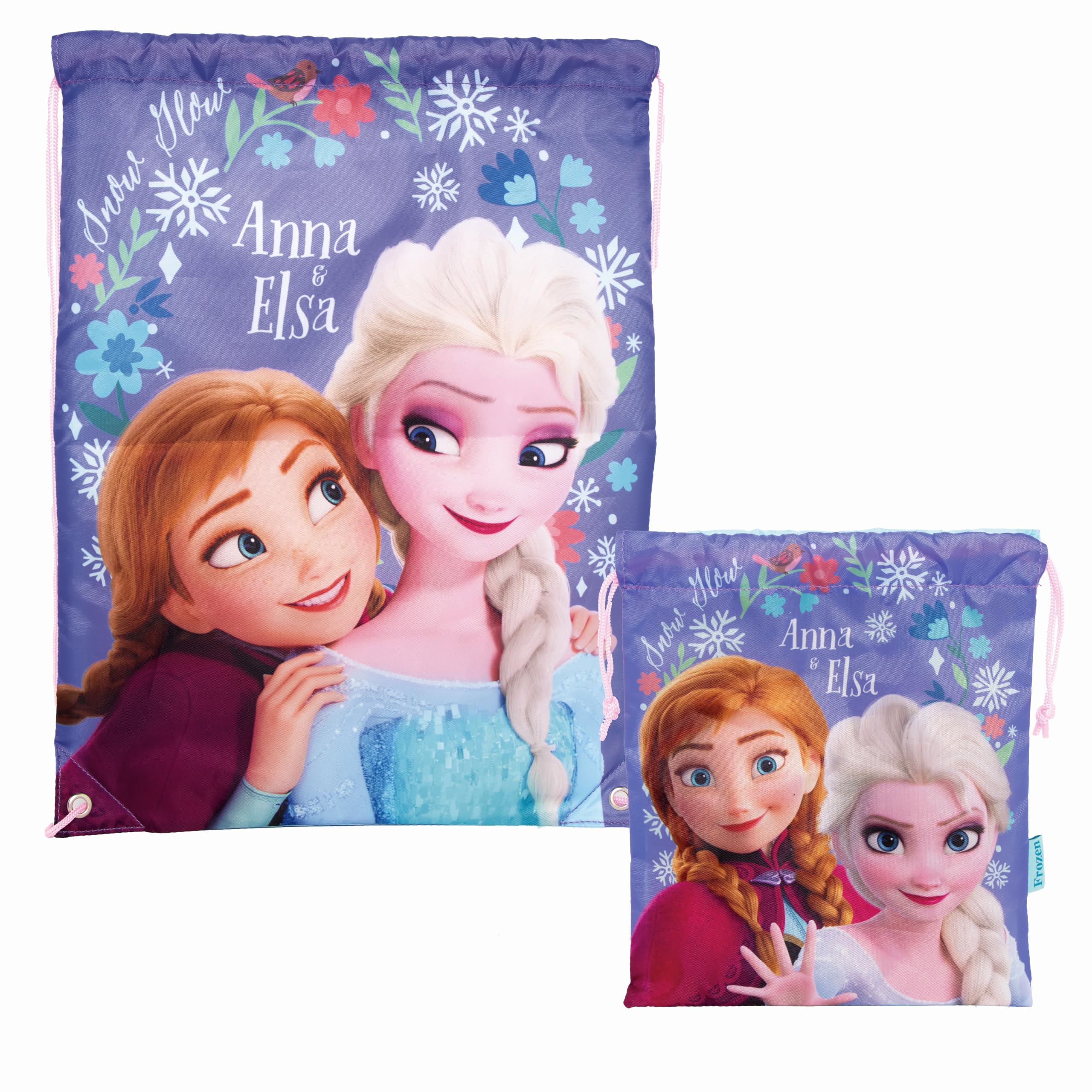 Superdiver Set di zaino sacca con cordoncini e borsa merenda Elsa e Anna Licenza Ufficiale Disney Frozen - Ideale per scuola e asilo - Accessorio moda bambina - Blu - 44x33 e 26x21 cm