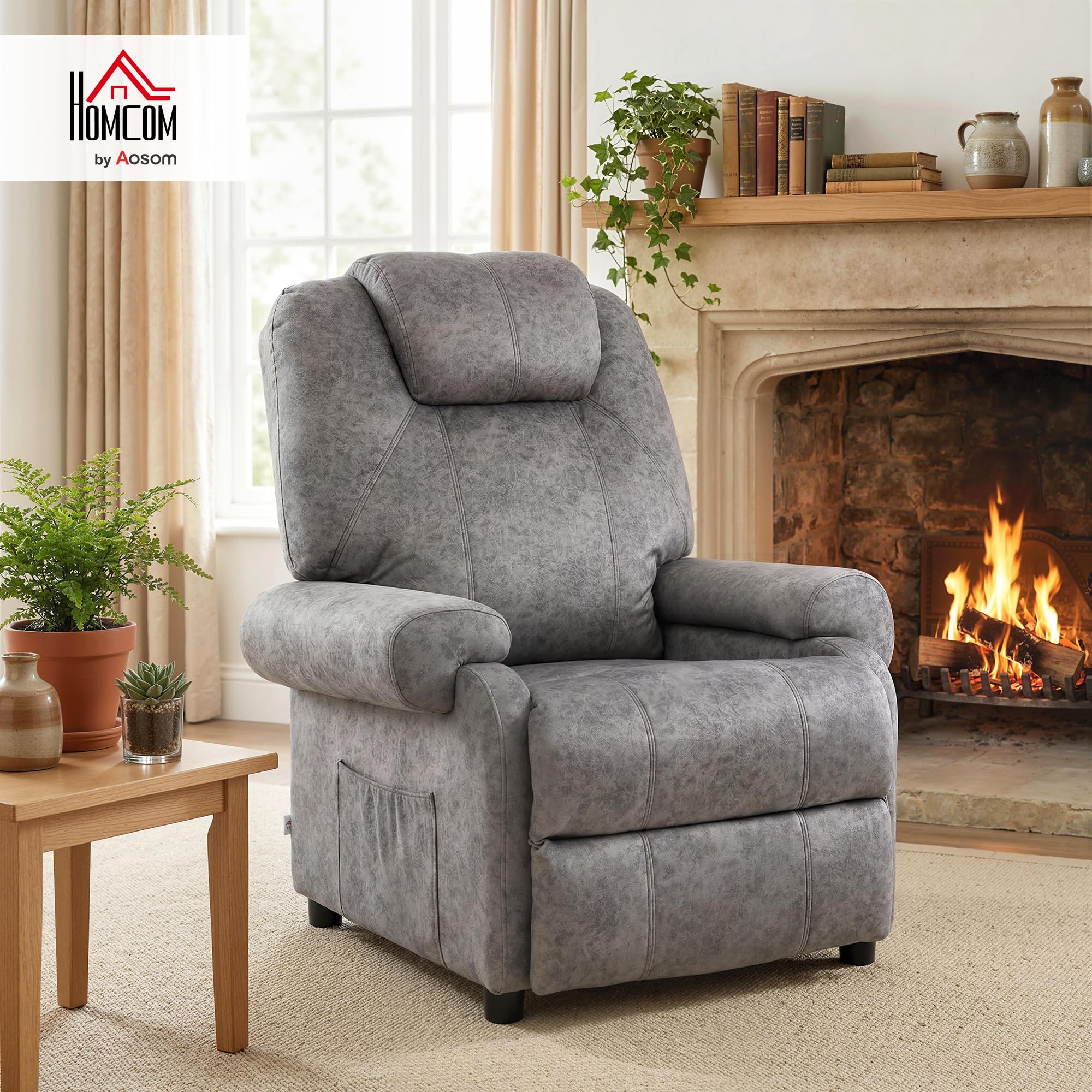 HOMCOM Sillón Relax Reclinable Manual, Sillón Relax de Terciopelo con Reposabrazos, Reposapiés, Acolchado Grueso, Butaca Reclinable hasta 135º para Salón, Dormitorio, Oficina, Gris