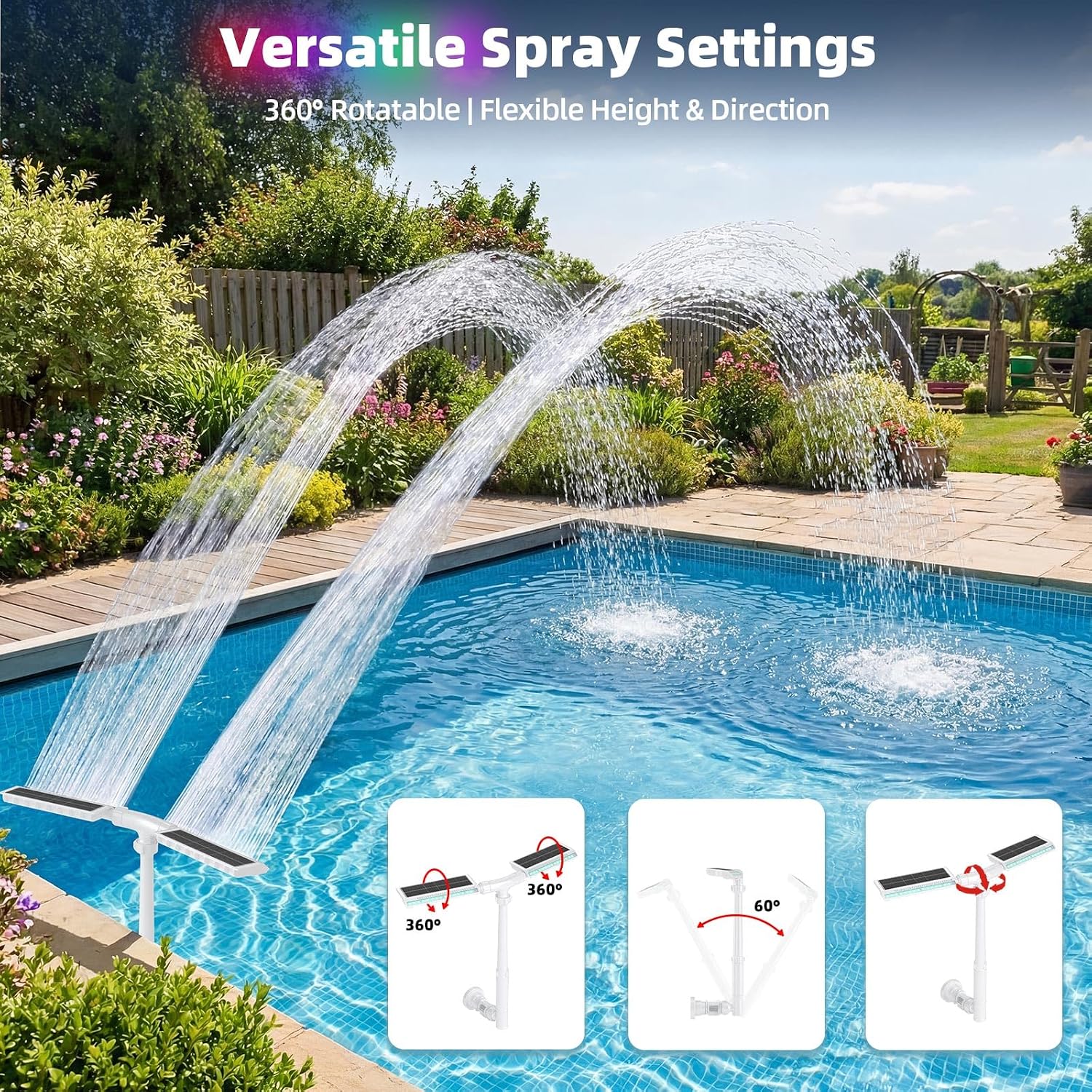 Solar Pool Fountain, 22'' Height Dual-Head Adjustable Spray, Auto Dusk Sensor & 6 Timer Option, Extended 8000mah Battery, 10-Color 4-Mode LED Lights, Pool Fountains for Inground/Above Ground Pools